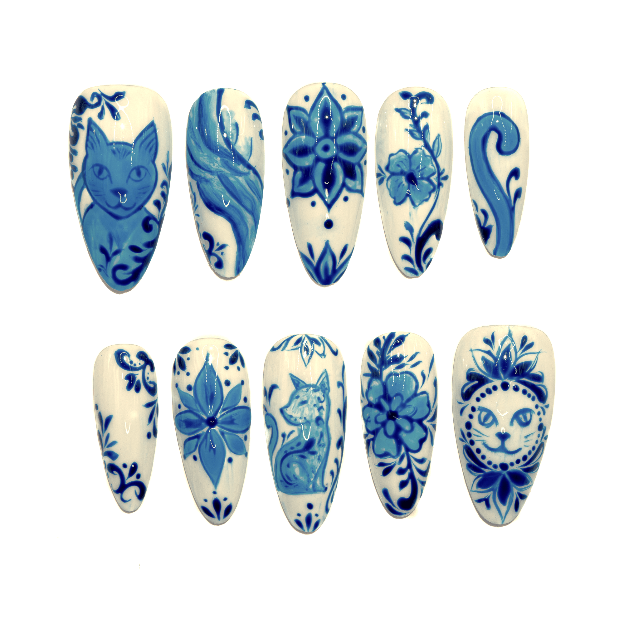 Cobalt Cat almond floral press-on nails by Handora