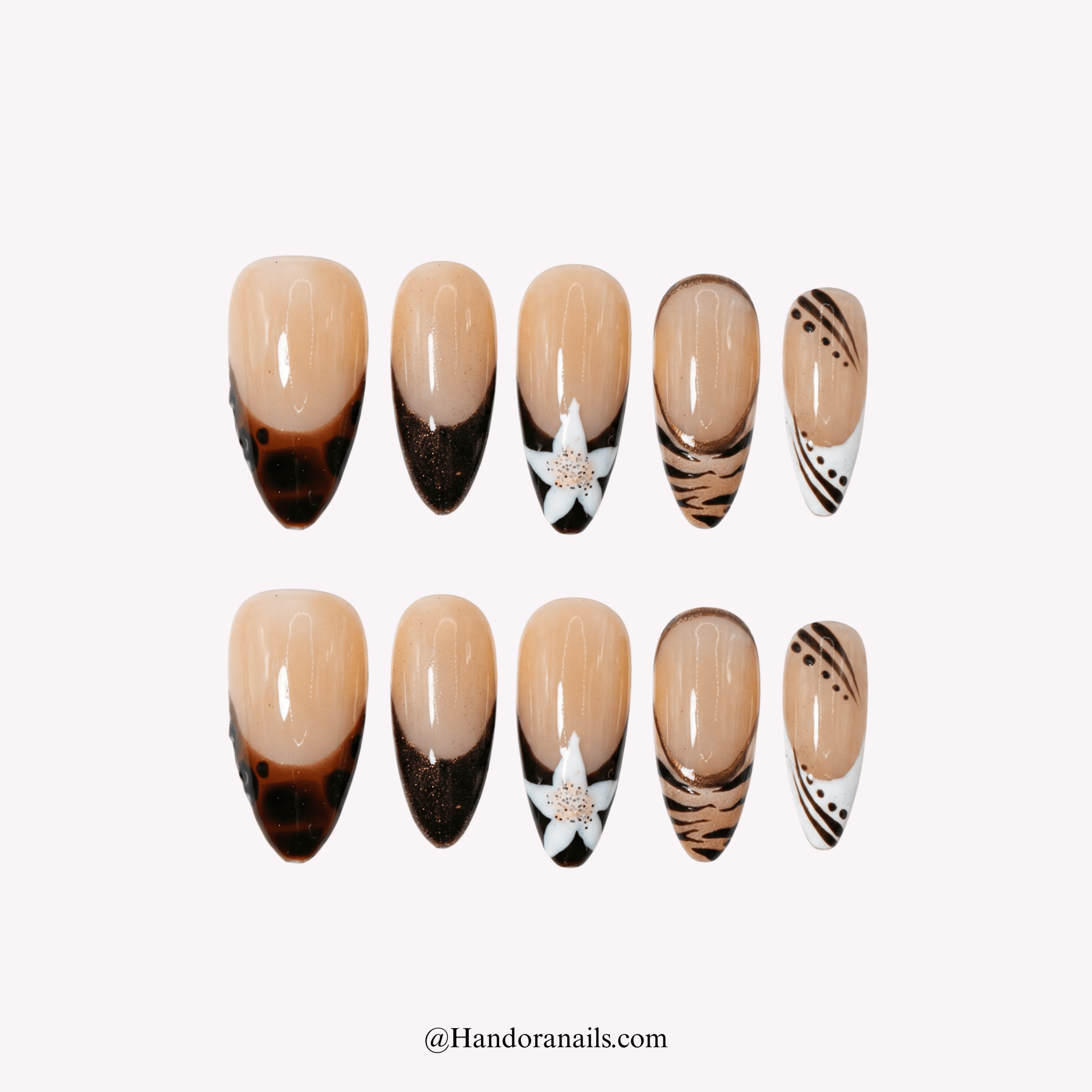 Cocoa Bloom brown floral press-on nails by Handora