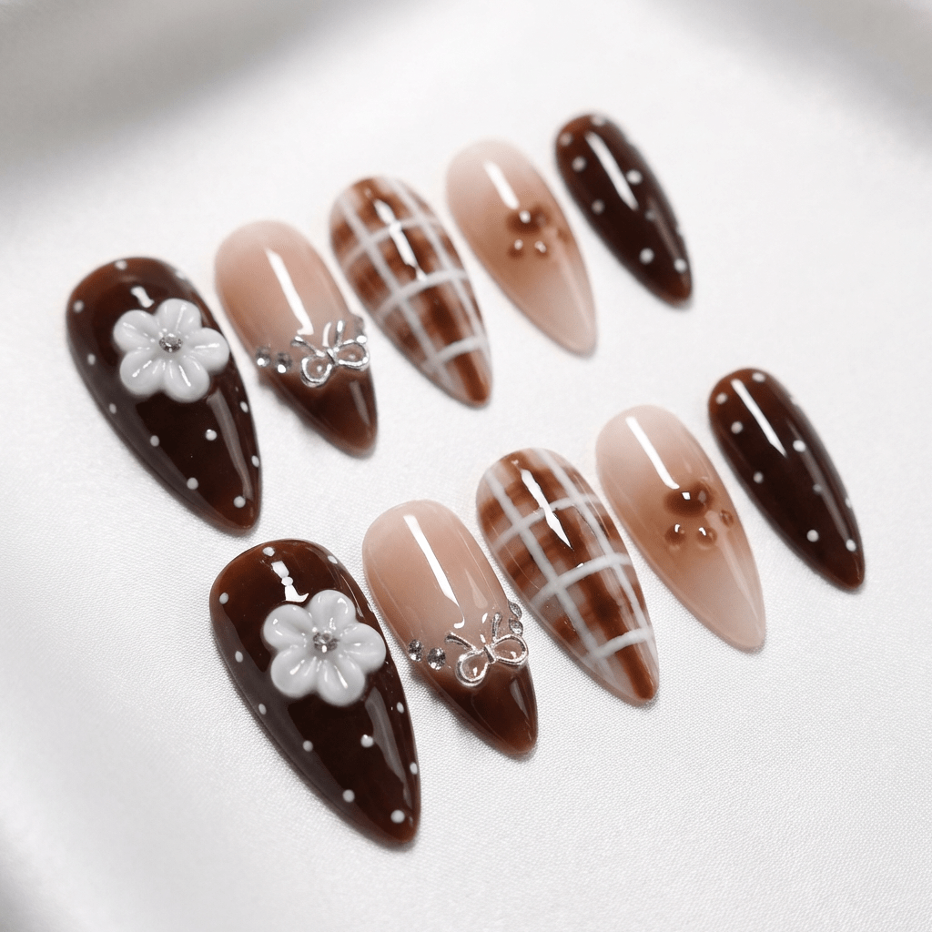 Cocoa Kawaii almond press-on nails – design close-up by Handora