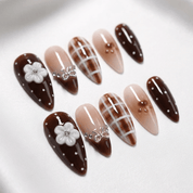Cocoa Kawaii almond press-on nails – design close-up by Handora