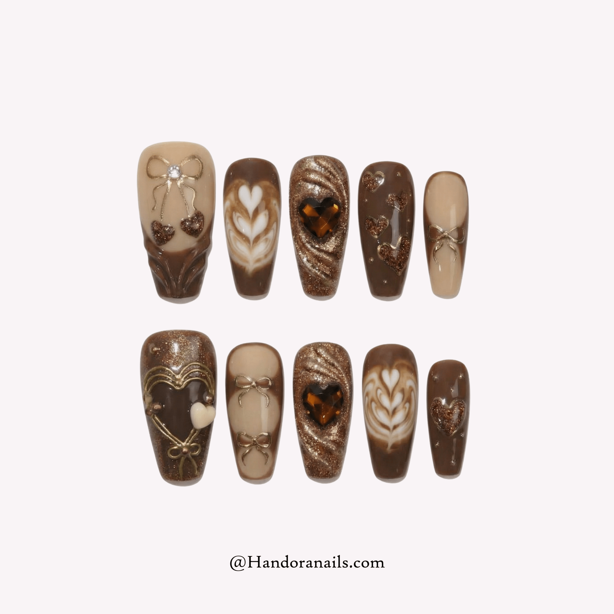 Cocoa Kisses press-on nails – hand-painted reusable gel set by Handora