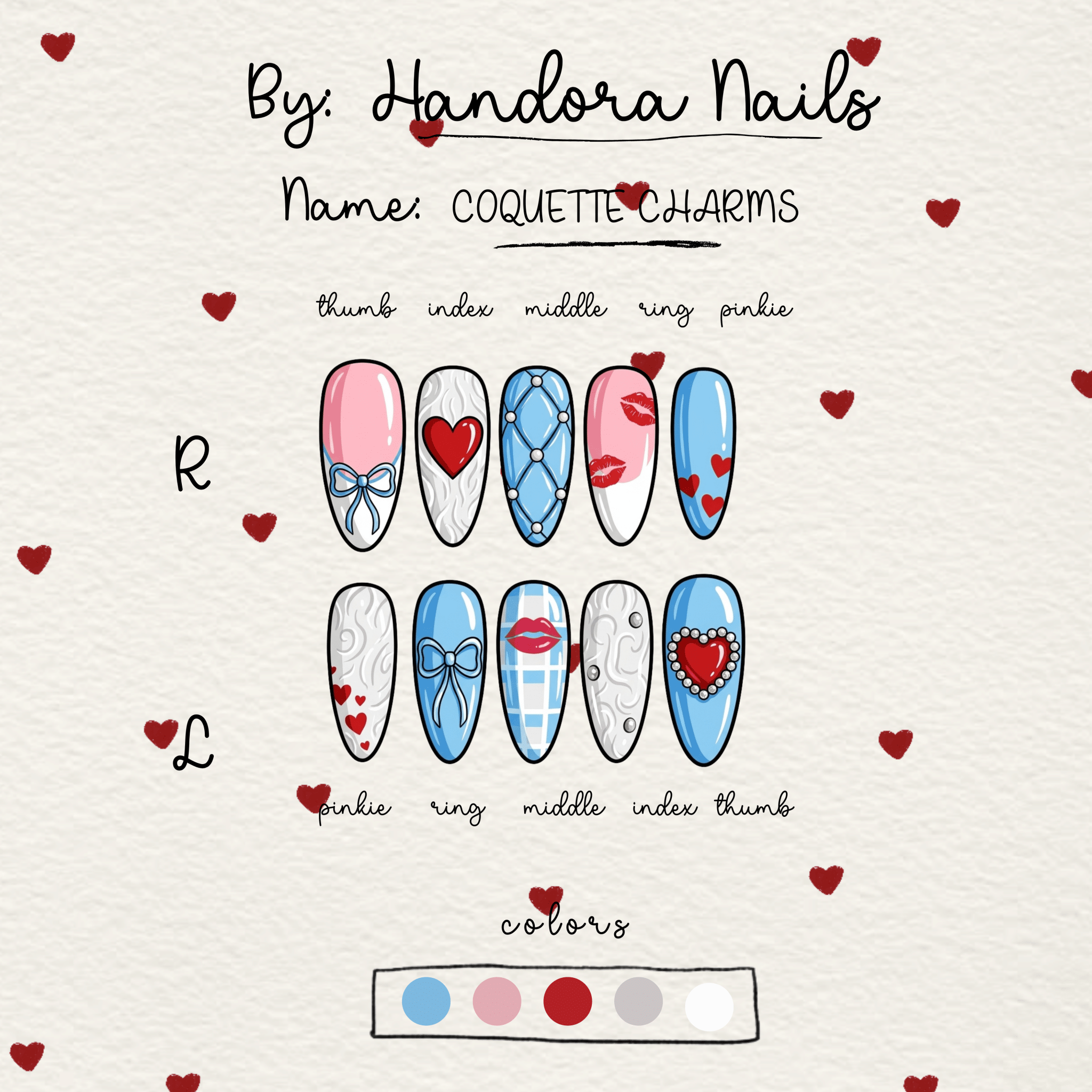 Coquette Charms press-on nails – design close-up by Handora