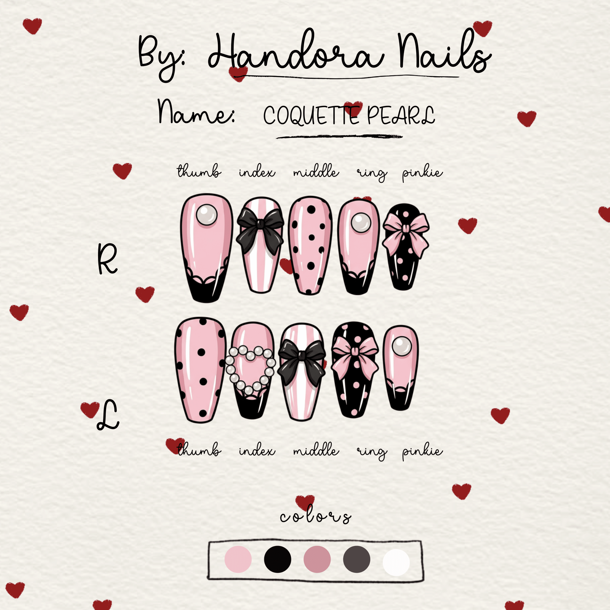 Coquette Pearl coffin press-on nails – design close-up by Handora