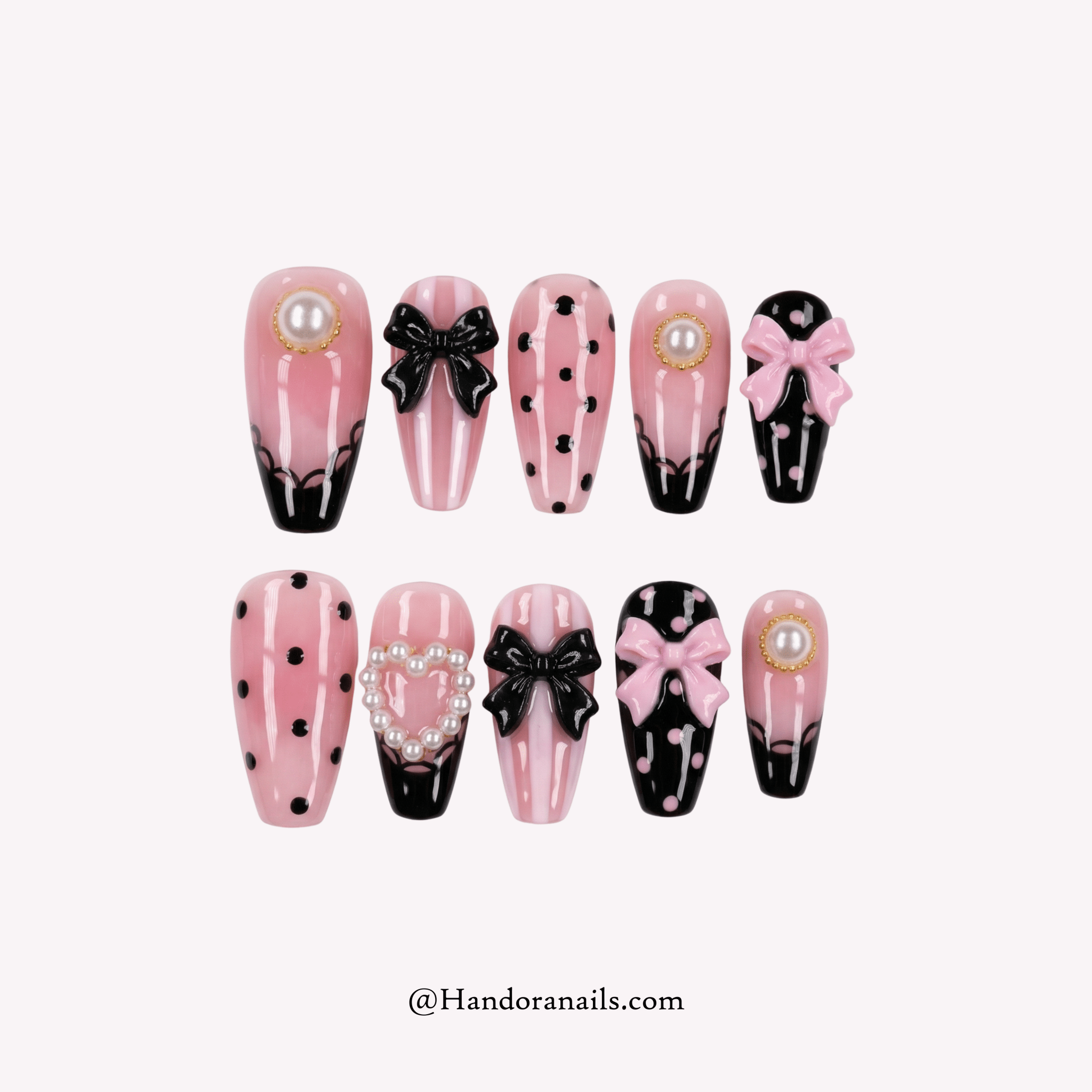 Coquette Pearl white coffin press-on nails by Handora
