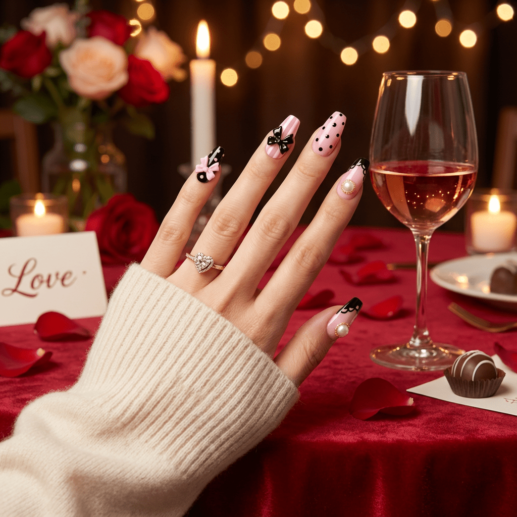 Coquette Pearl press-on nails – hand-painted reusable gel set by Handora
