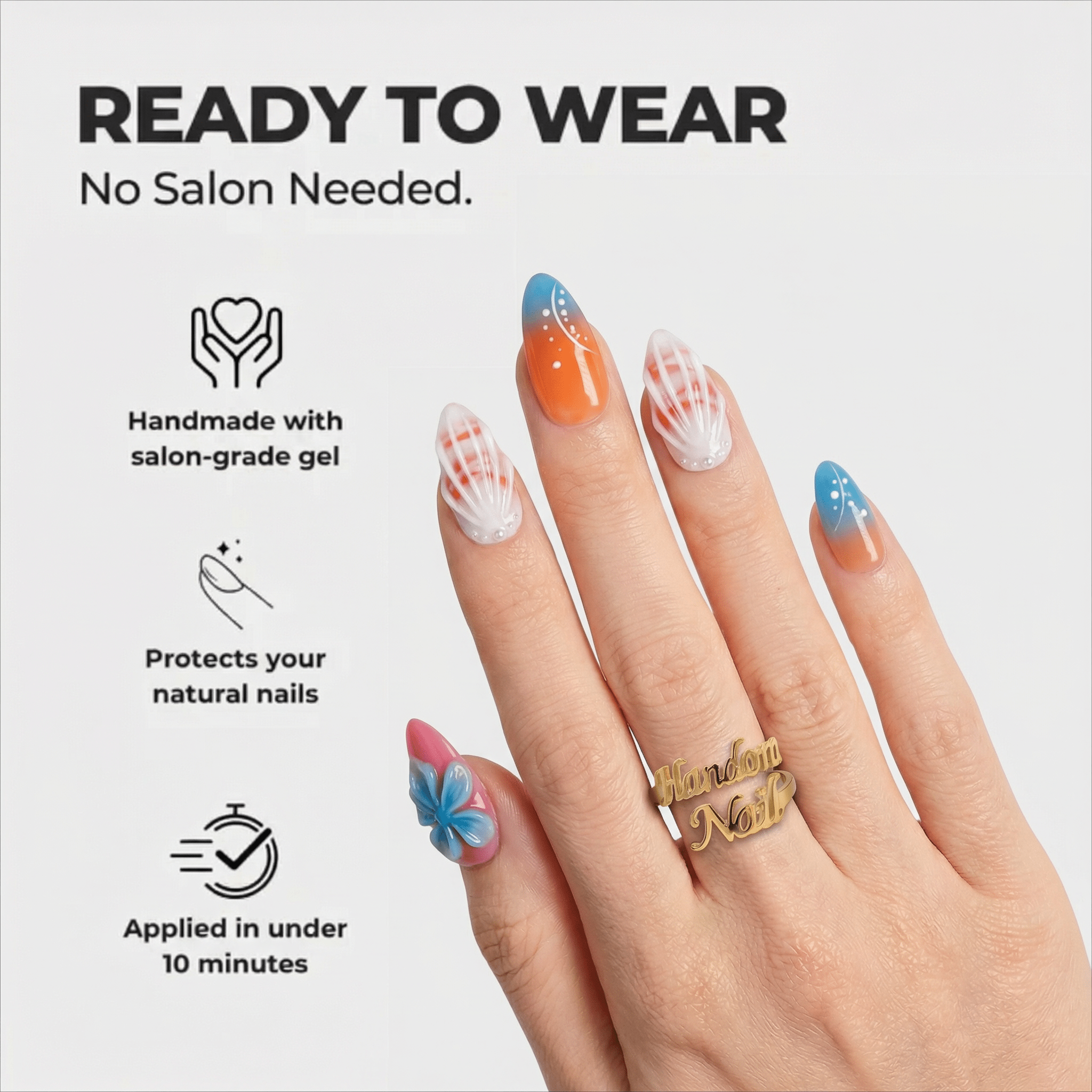 Coral Bloom press-on nails – hand-painted reusable gel set by Handora