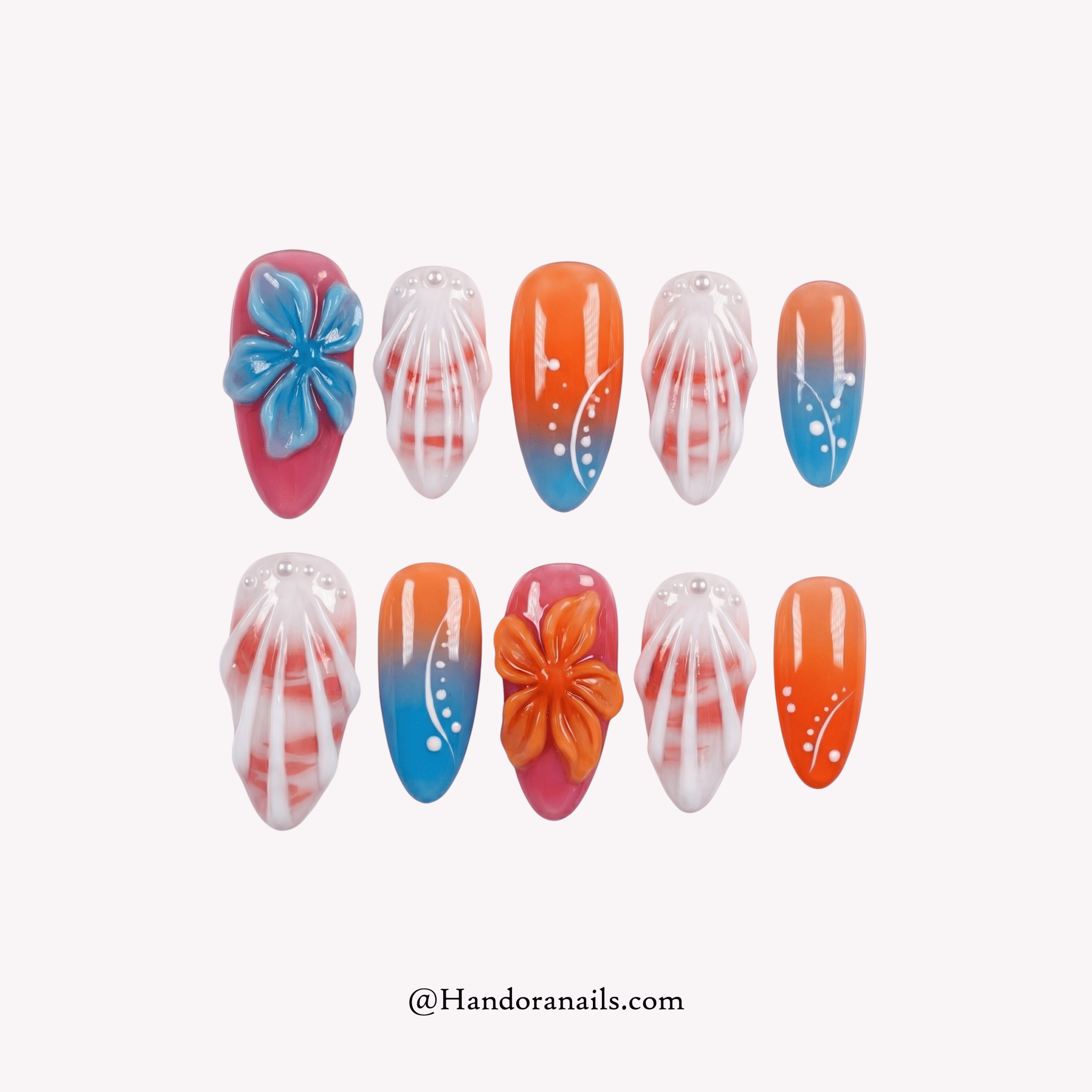 Coral Bloom almond floral press-on nails by Handora