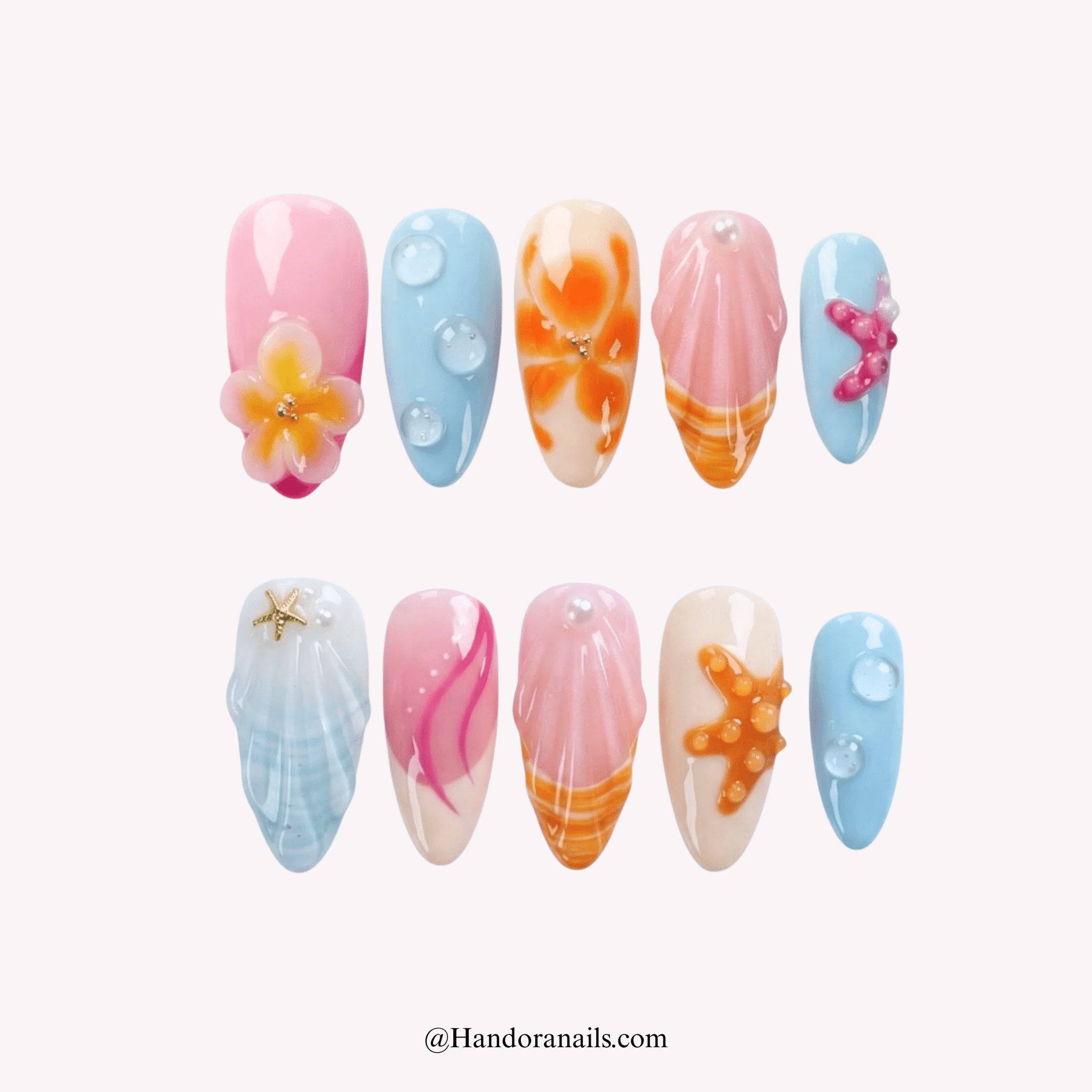 Coral Breeze floral press-on nails by Handora