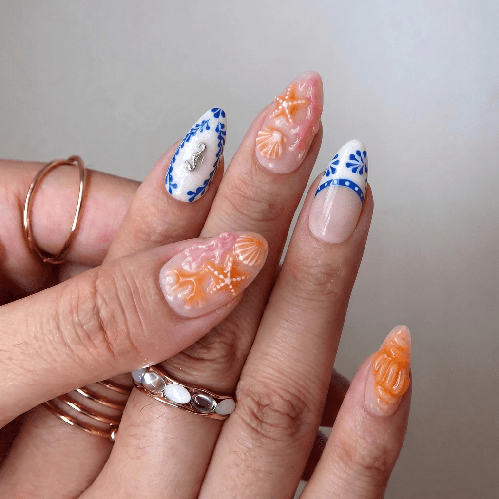 Coral Charm nail design – handmade press-on nails by Handora