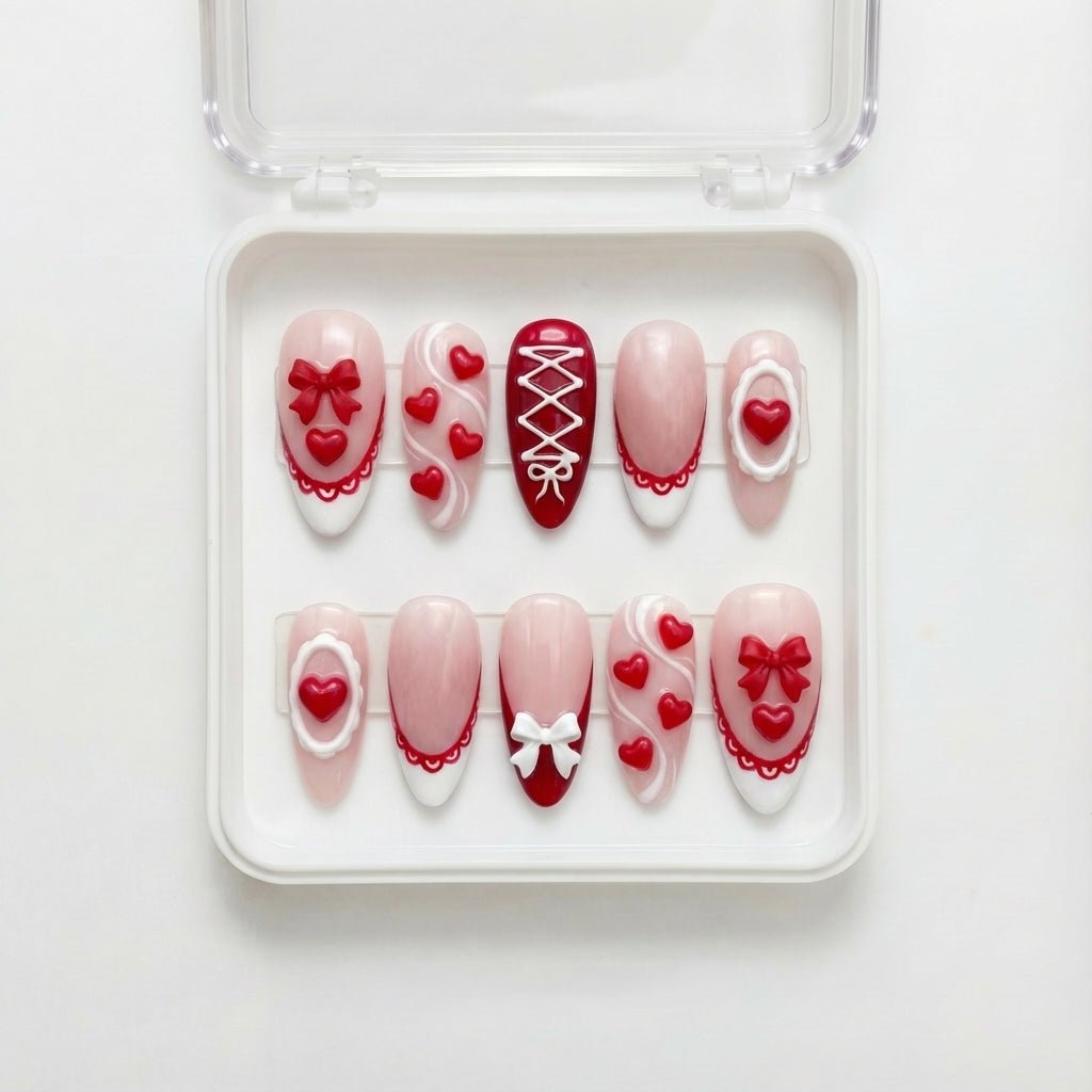 Corset Ribbon almond press-on nails – design close-up by Handora