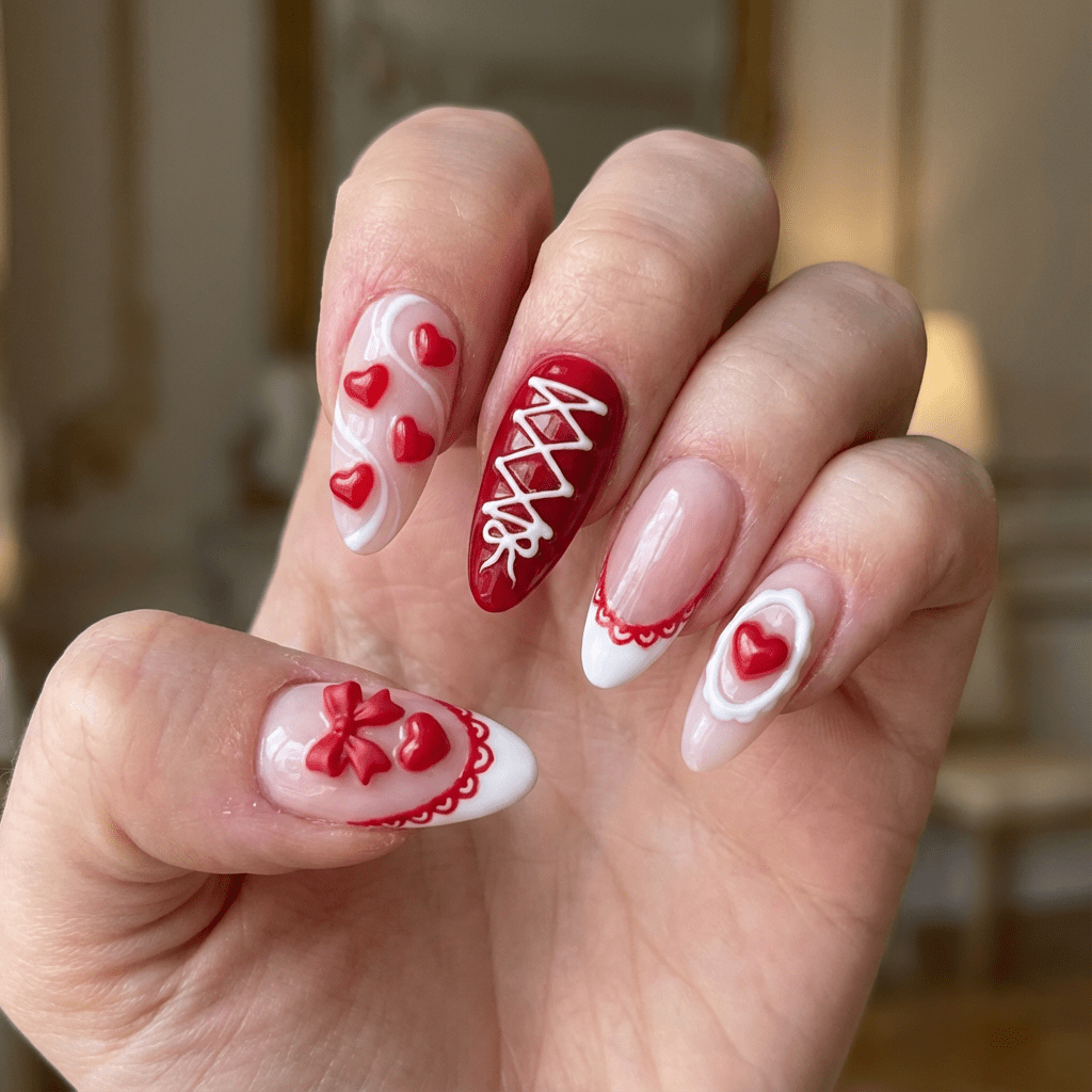 Corset Ribbon press-on nails – hand-painted reusable gel set by Handora