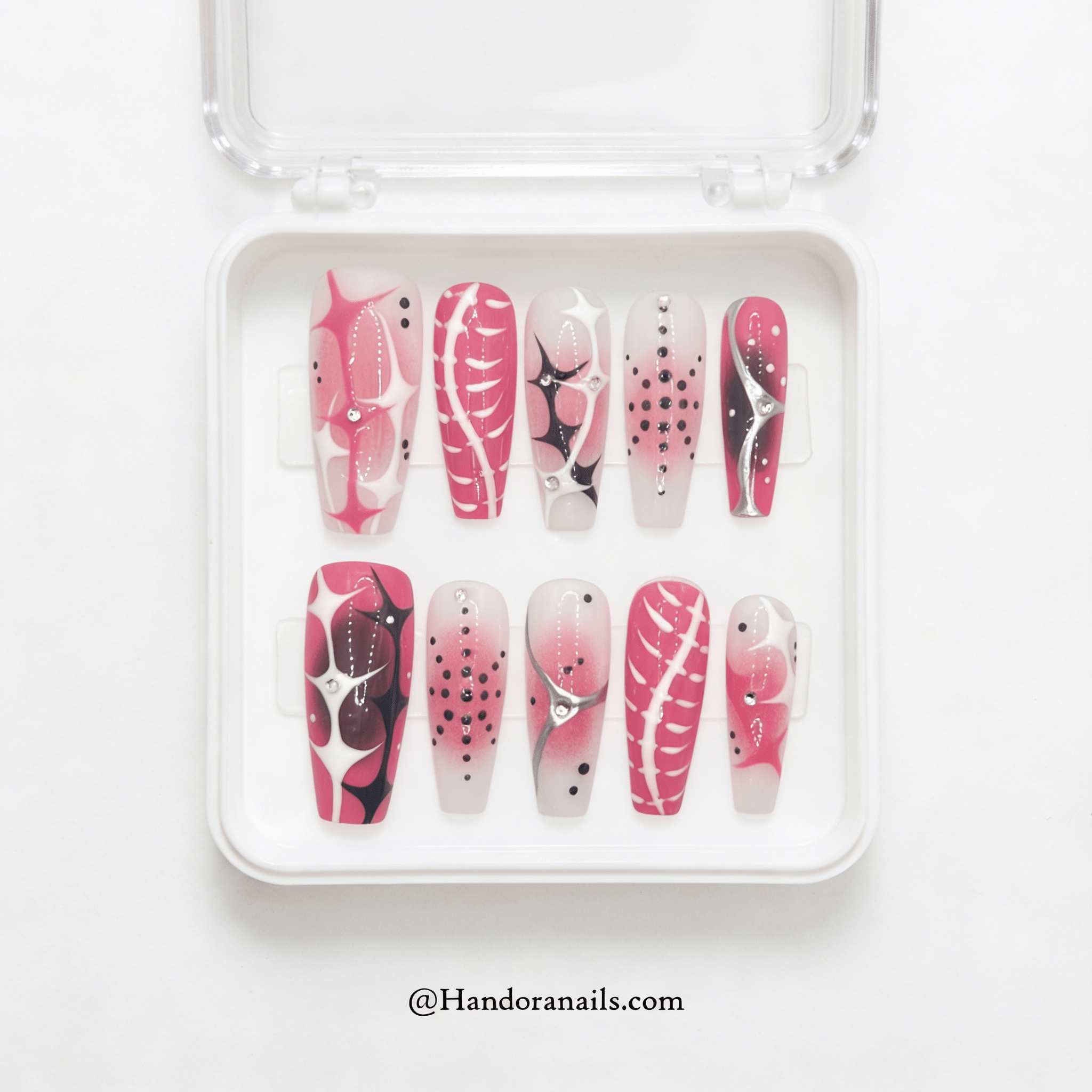 Cosmic Barbie coffin press-on nails – design close-up by Handora
