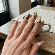 Cosmic Bloom press-on nails – hand-painted reusable gel set by Handora