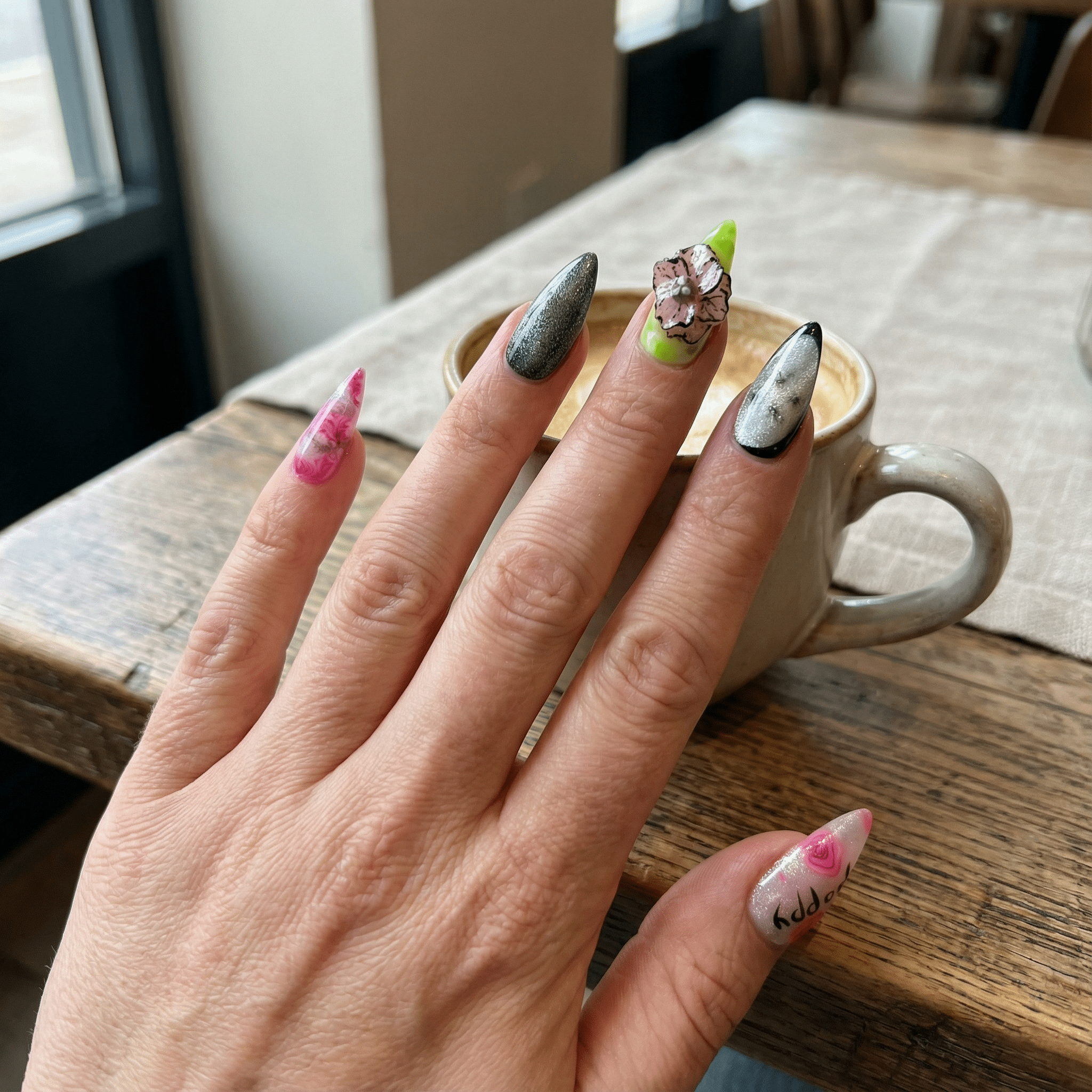 Cosmic Bloom press-on nails – hand-painted reusable gel set by Handora