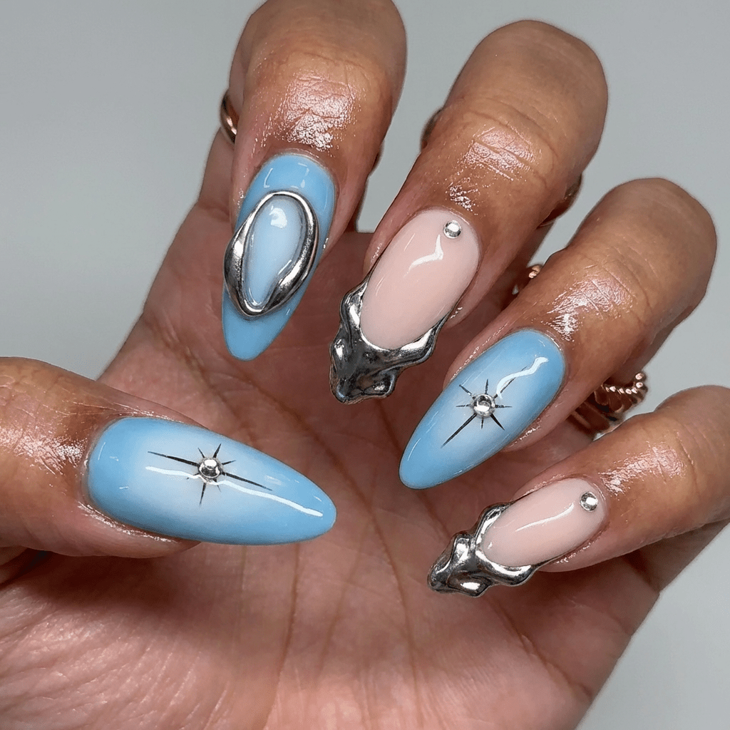 Cosmic Dew press-on nails – hand-painted reusable gel set by Handora