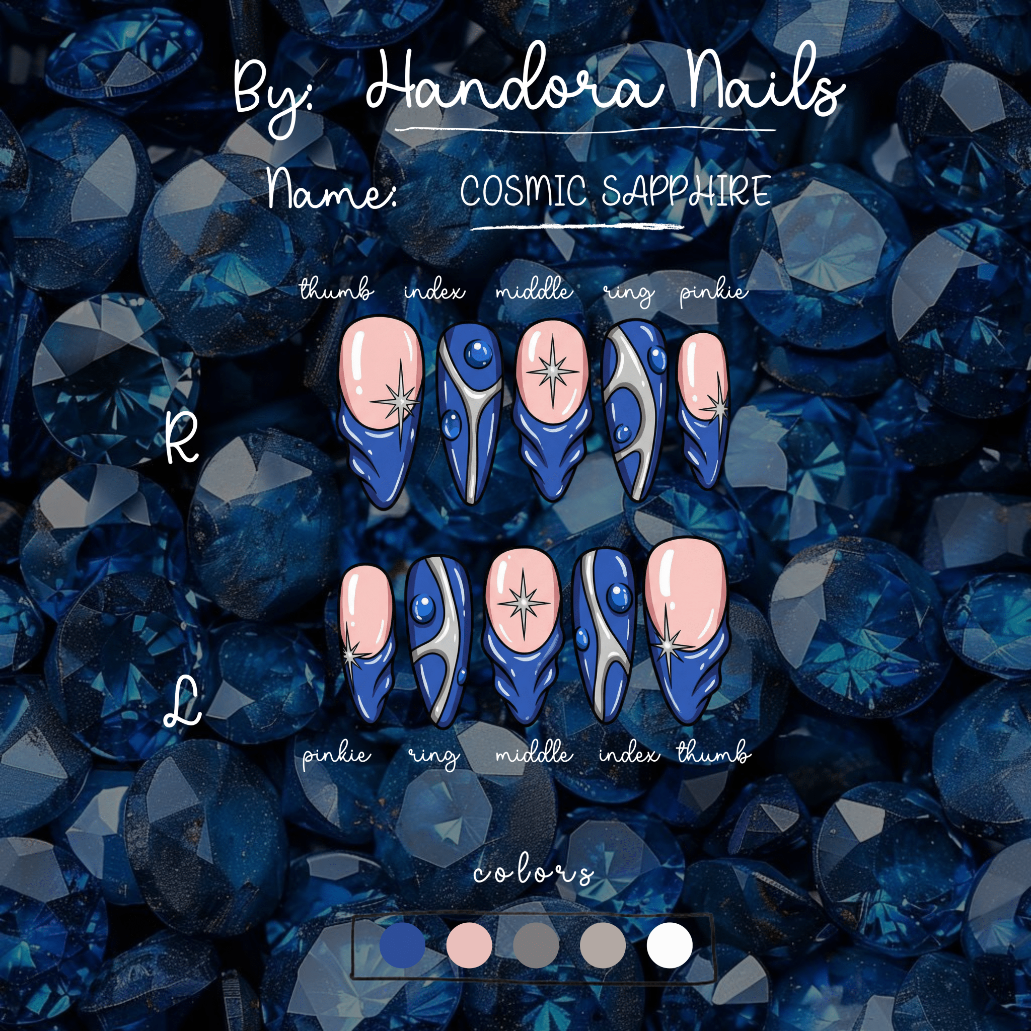 Cosmic Sapphire press-on nails – design close-up by Handora