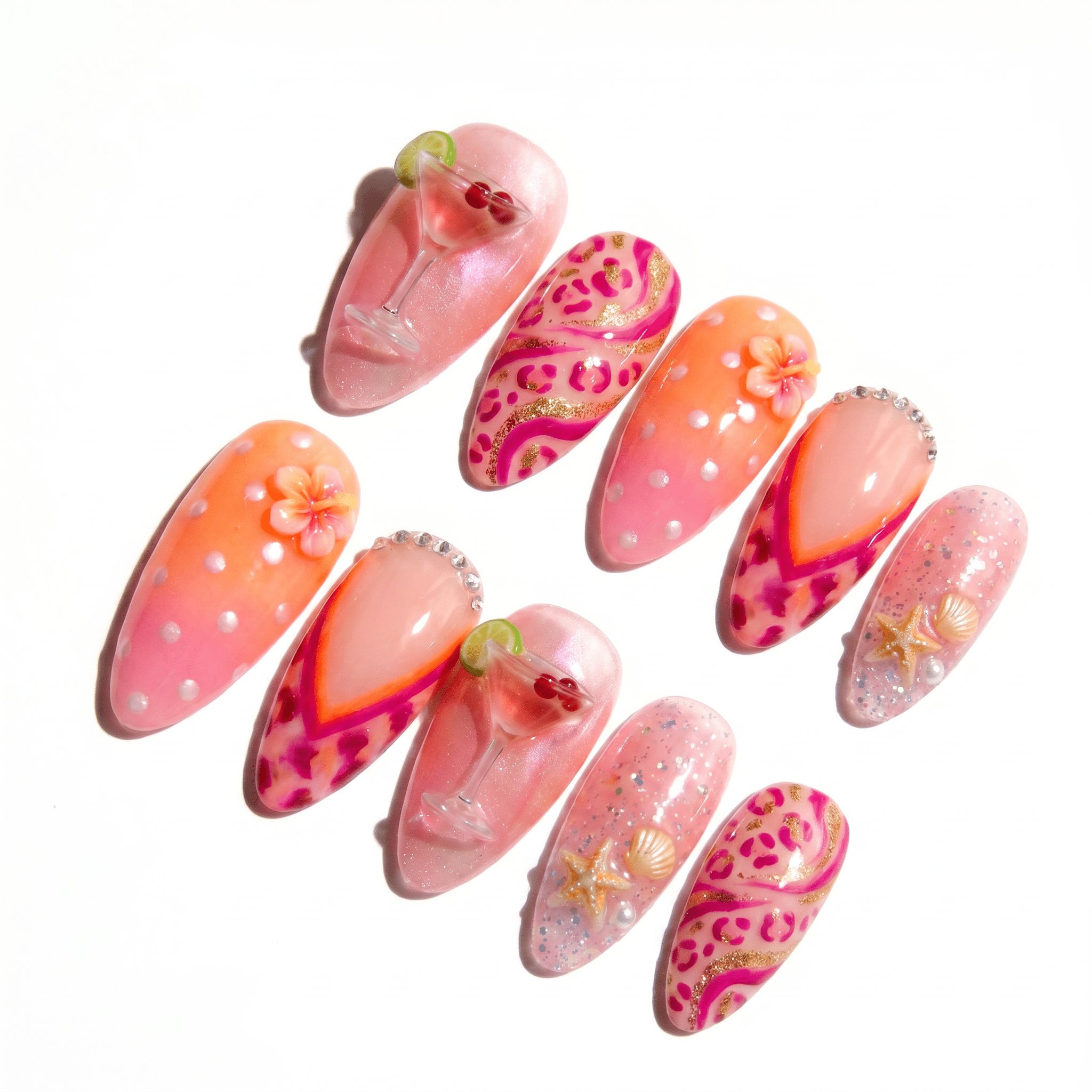 Cosmopolitan press-on nails worn on hand – almond shape by Handora