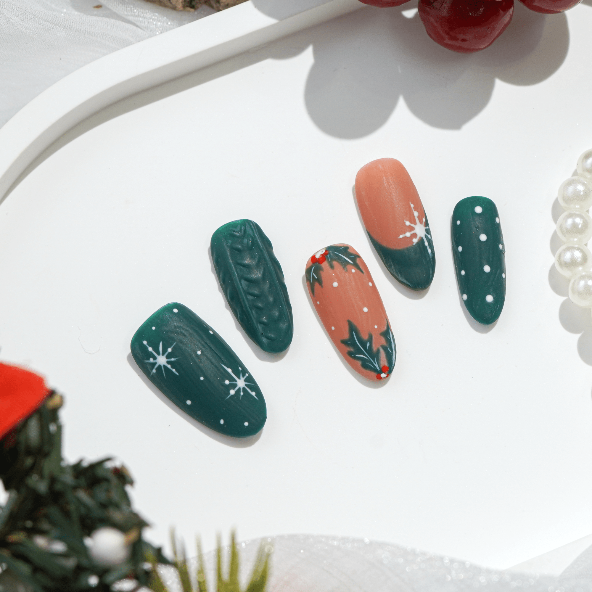 Cozy Emerald press-on nails – hand-painted reusable gel set by Handora