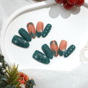 Cozy Emerald green almond winter press-on nails by Handora