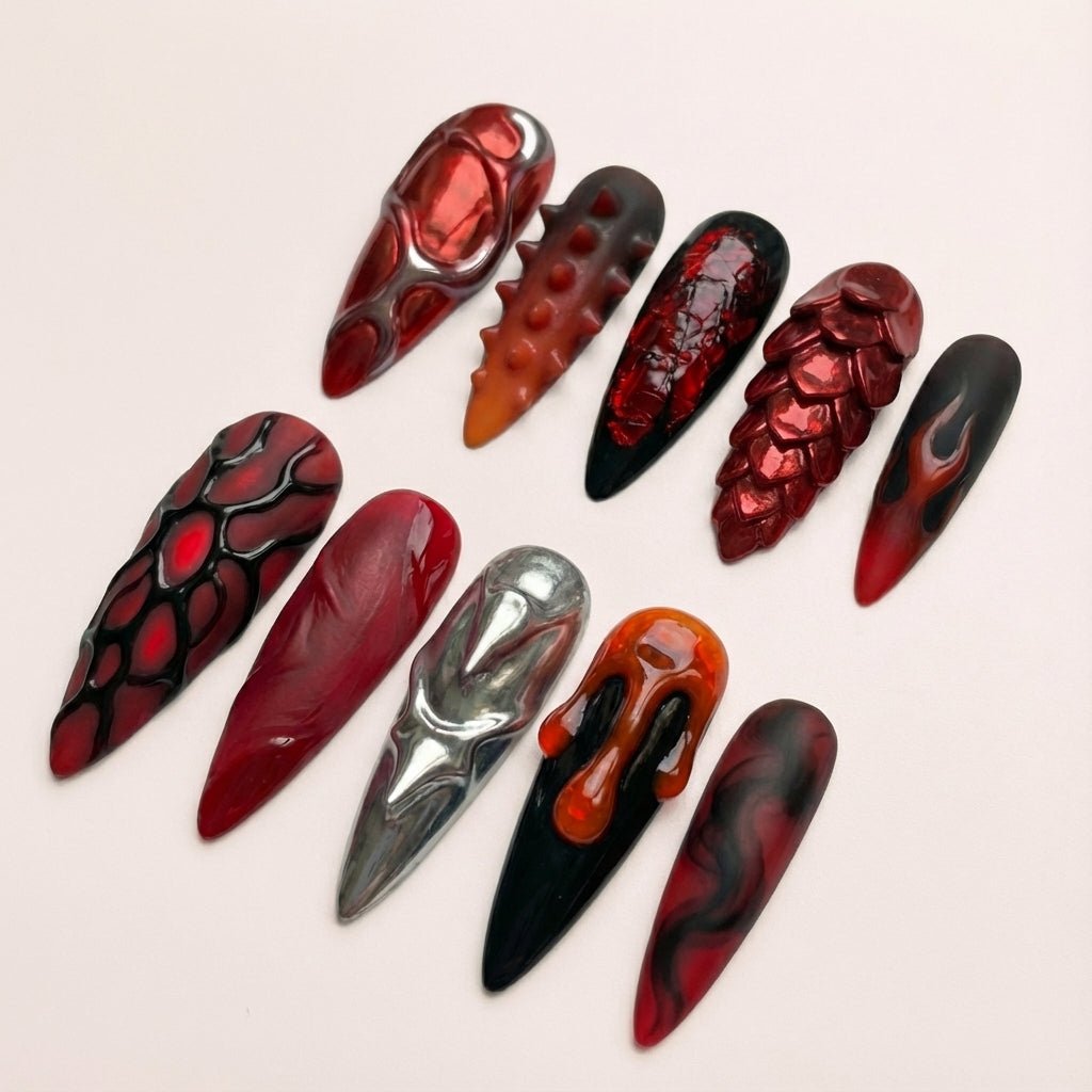 Crimson Armor press-on nails – hand-painted reusable gel set by Handora