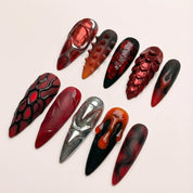 Crimson Armor press-on nails – hand-painted reusable gel set by Handora
