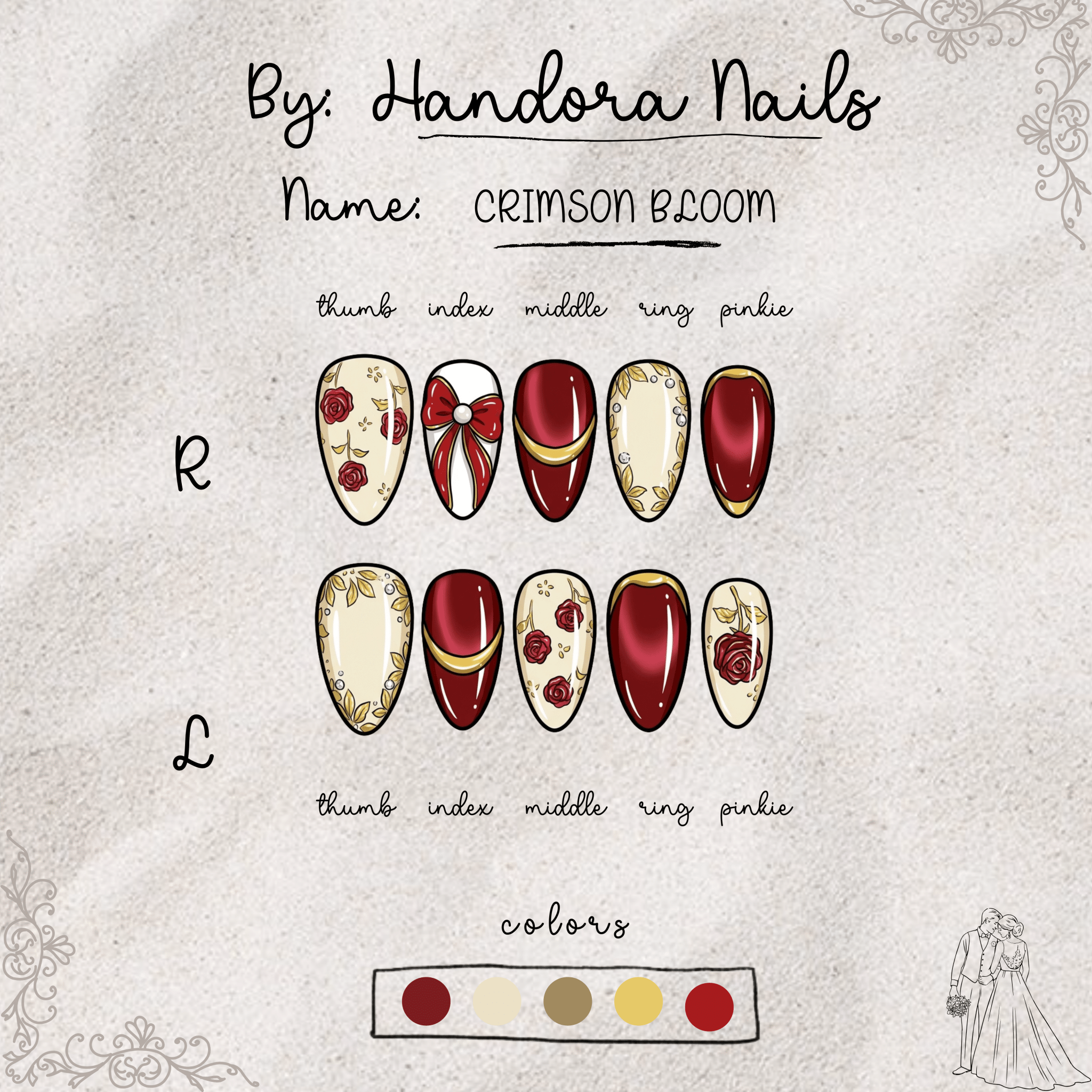 Crimson Bloom press-on nails – design close-up by Handora