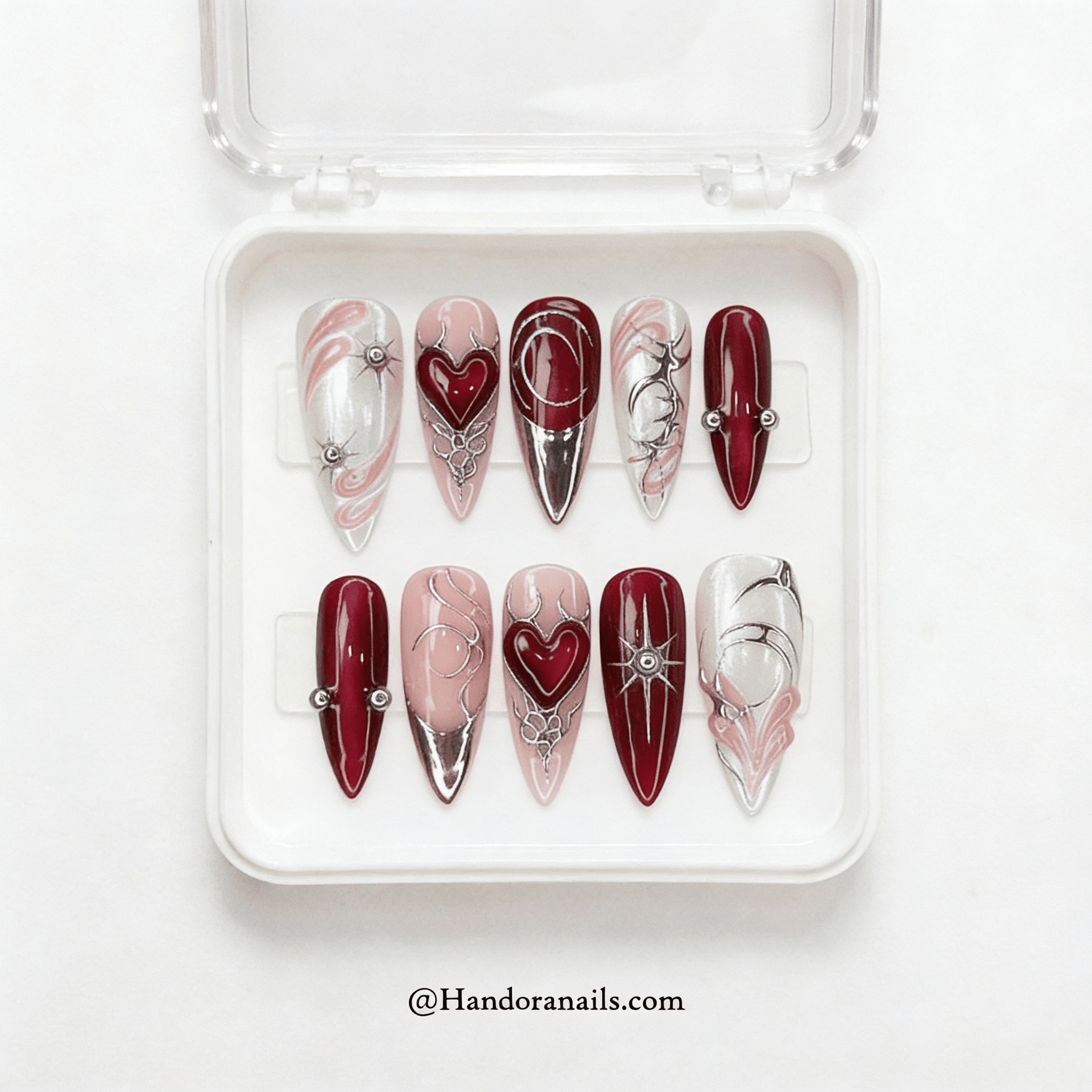 Crimson Cyber gothic nail design – handmade press-on nails by Handora