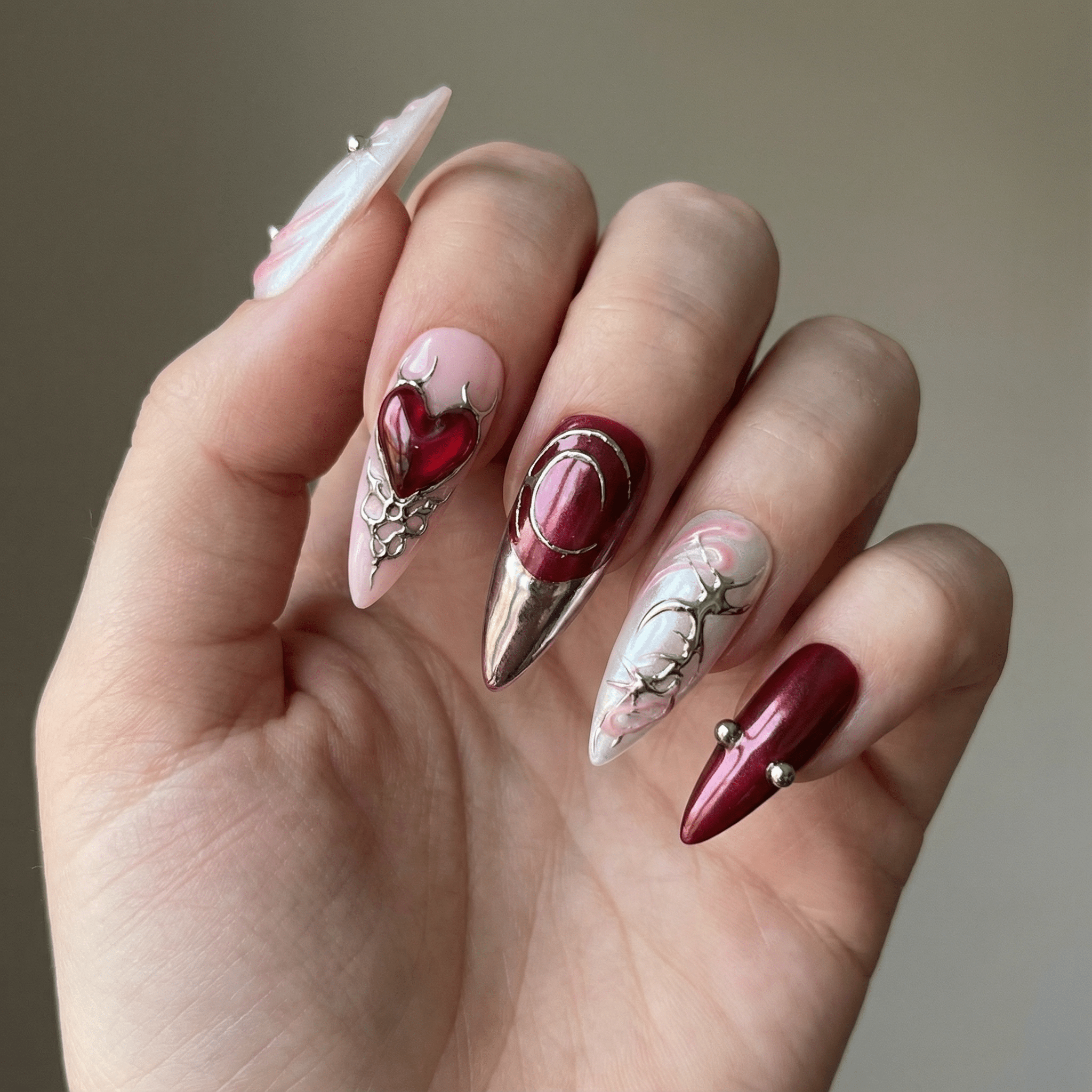 Crimson Cyber press-on nails – hand-painted reusable gel set by Handora
