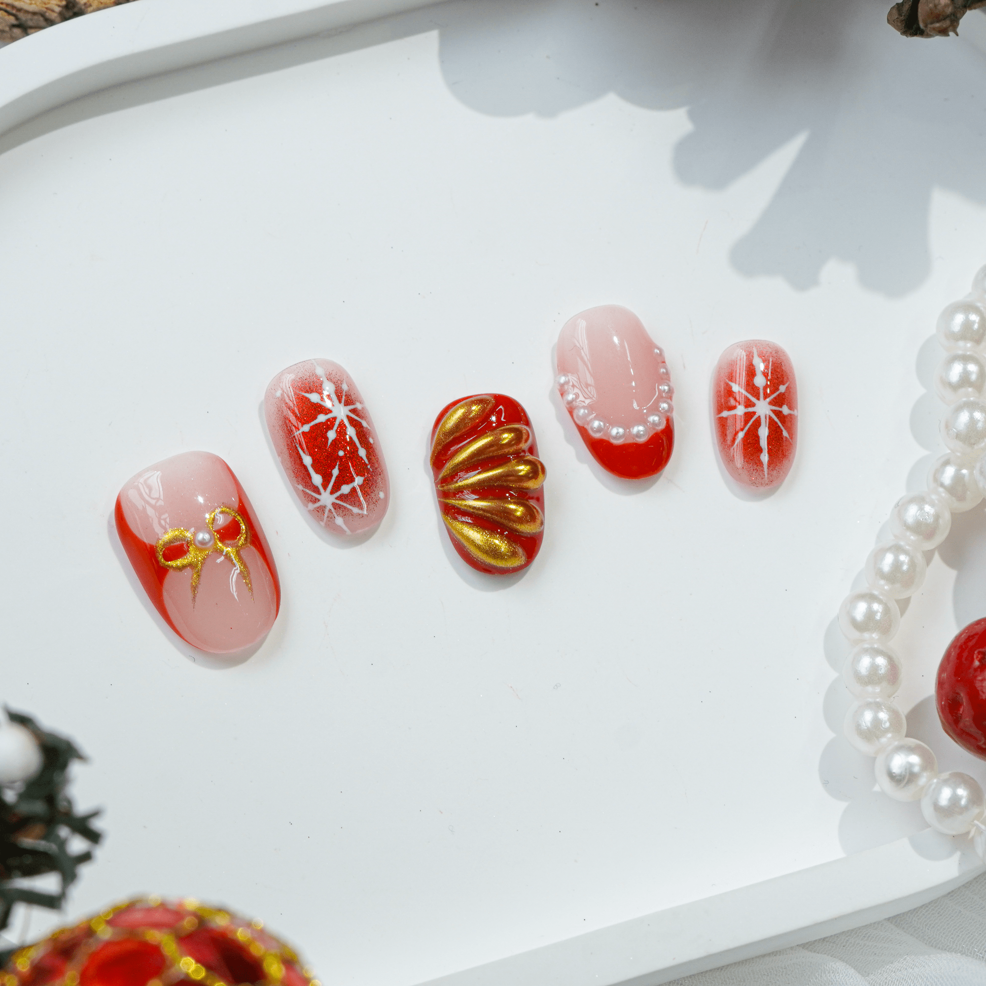 Crimson Joy nail design – handmade press-on nails by Handora