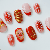 Crimson Joy square press-on nails – design close-up by Handora