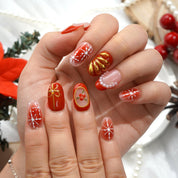 Crimson Joy square press-on nails – design close-up by Handora