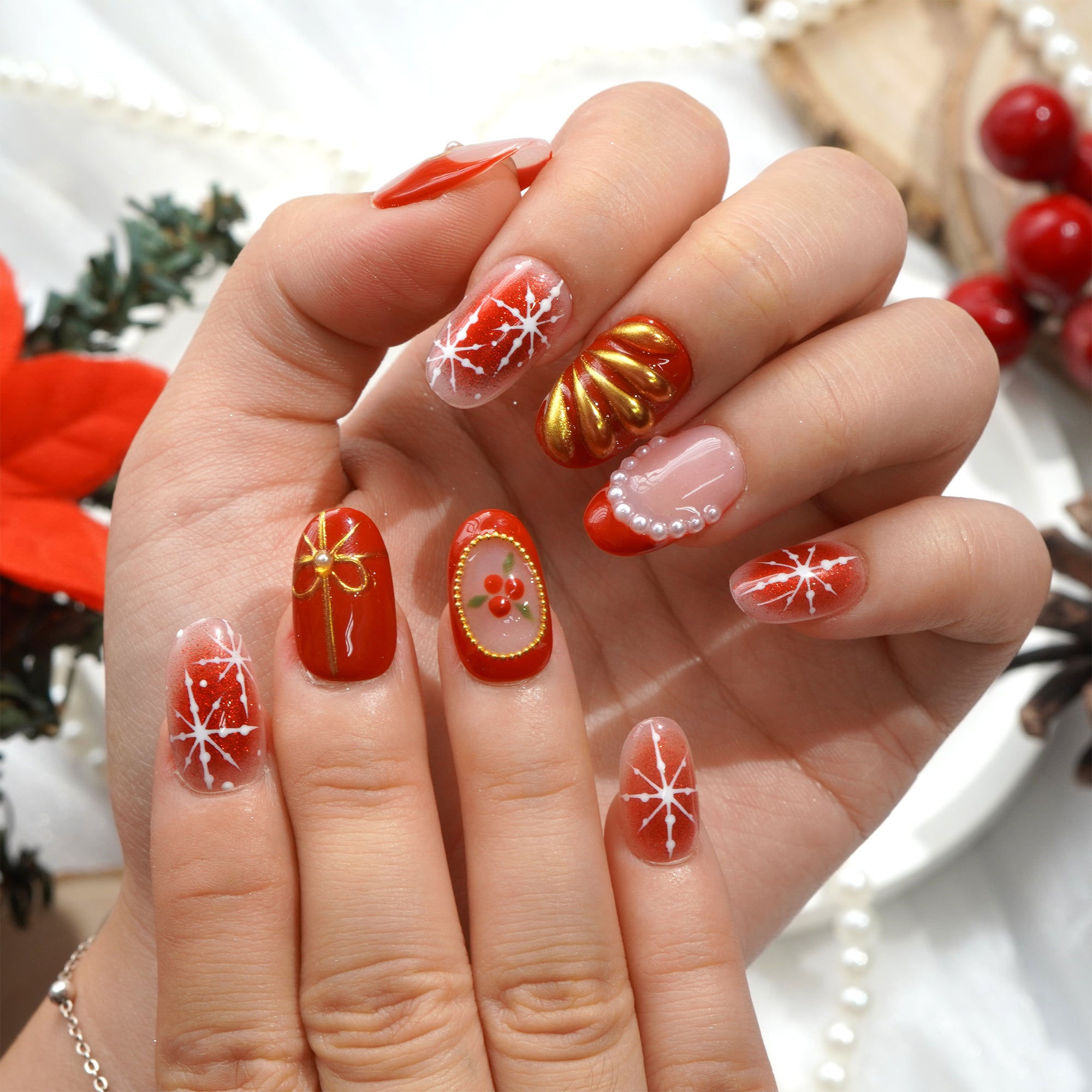 Crimson Joy square press-on nails – design close-up by Handora
