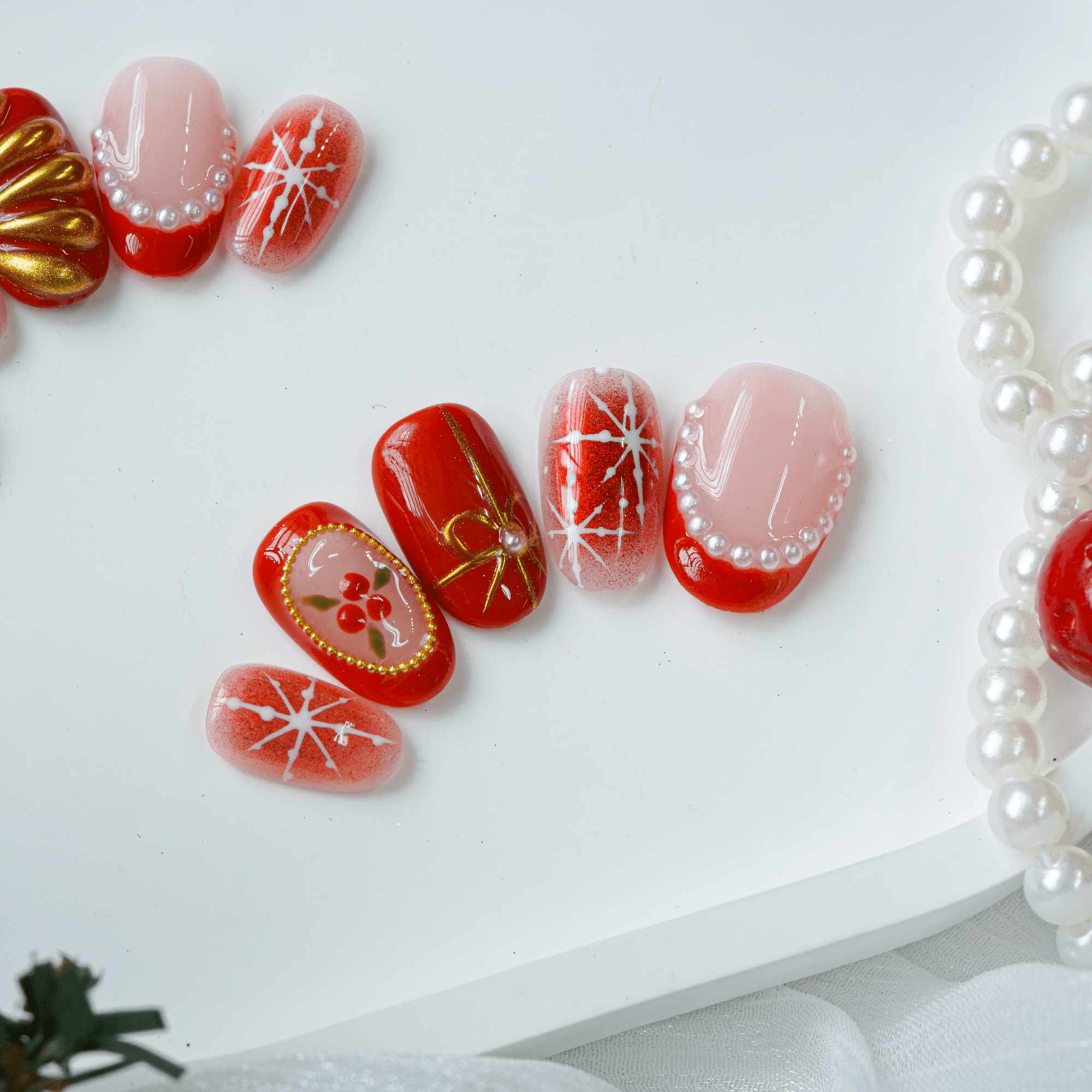 Crimson Joy press-on nails – hand-painted reusable gel set by Handora