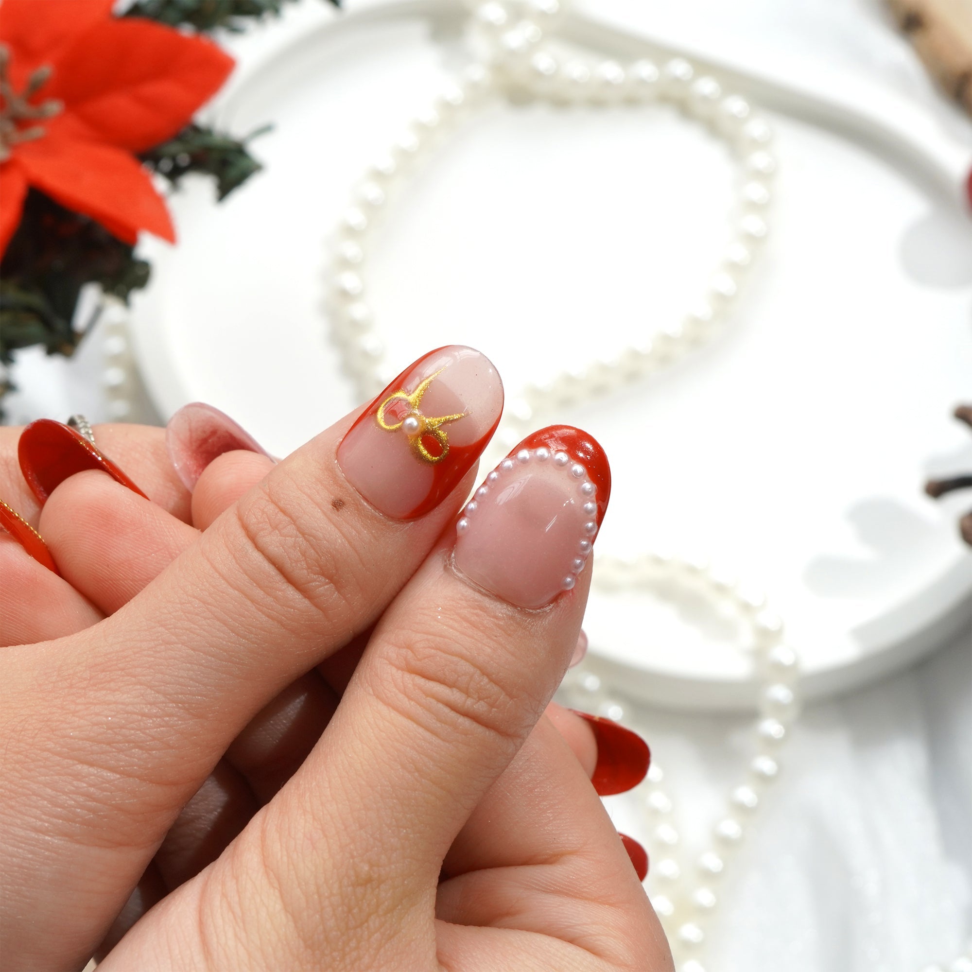 Crimson Joy press-on nails – hand-painted reusable gel set by Handora