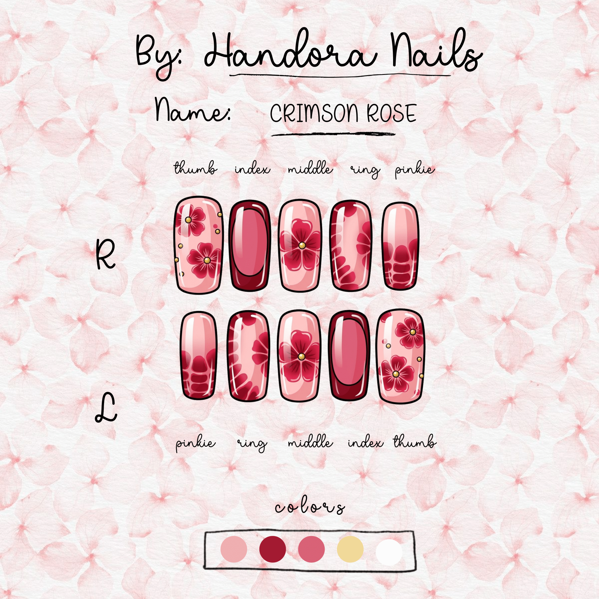 Crimson Rose floral nail design – handmade press-on nails by Handora