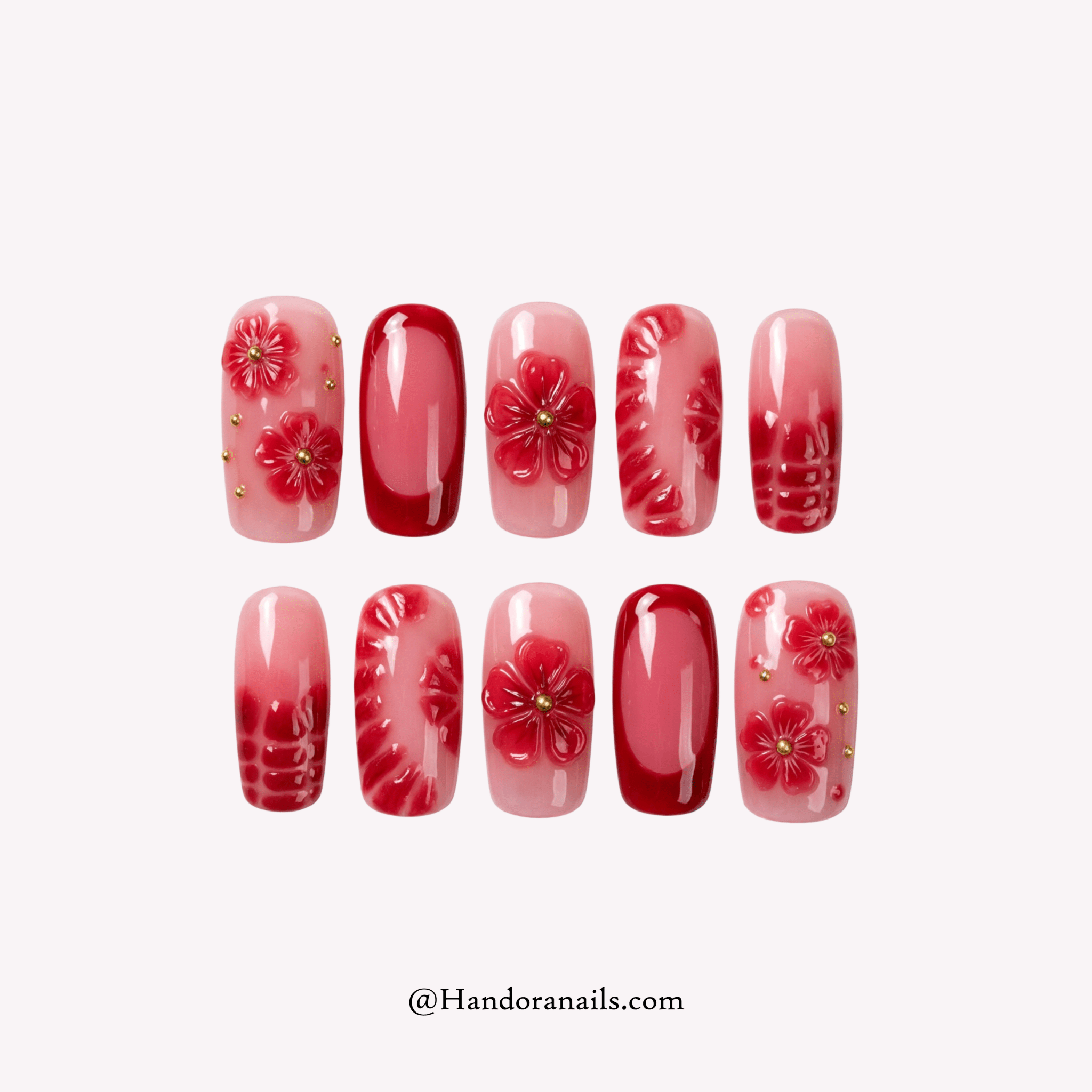 Crimson Rose red floral press-on nails by Handora