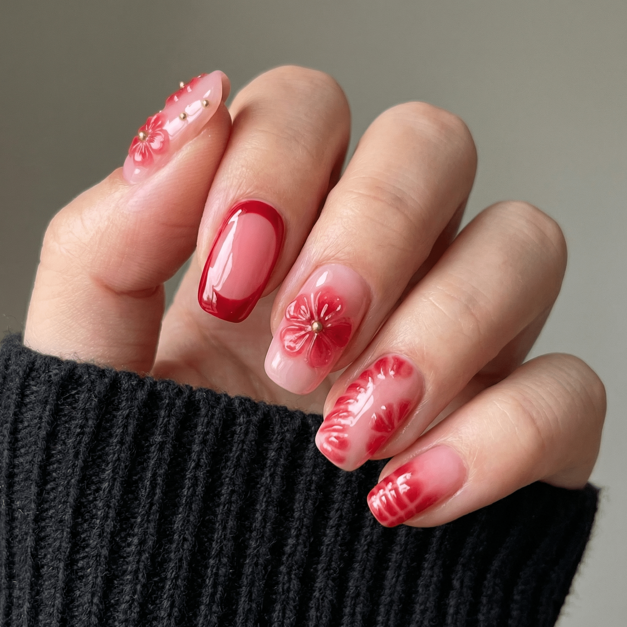 Crimson Rose press-on nails – hand-painted reusable gel set by Handora