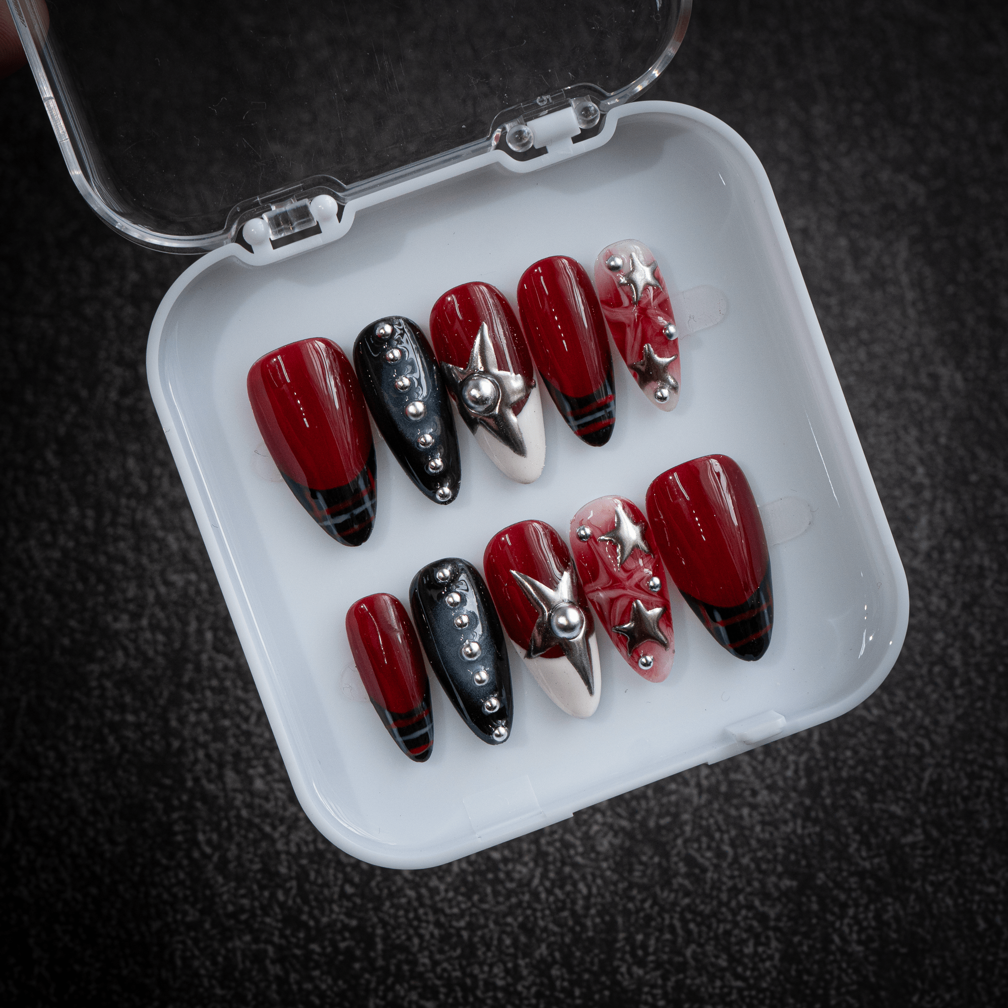 Crimson Star red press-on nails by Handora