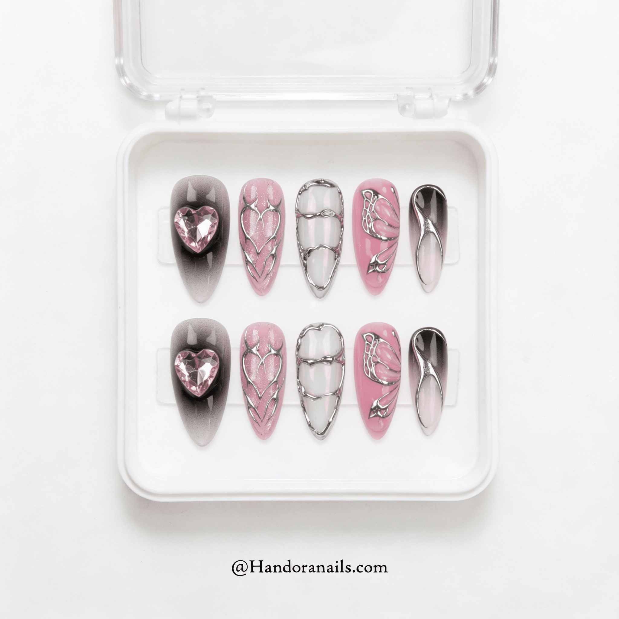 Cyber Heart press-on nails – design close-up by Handora