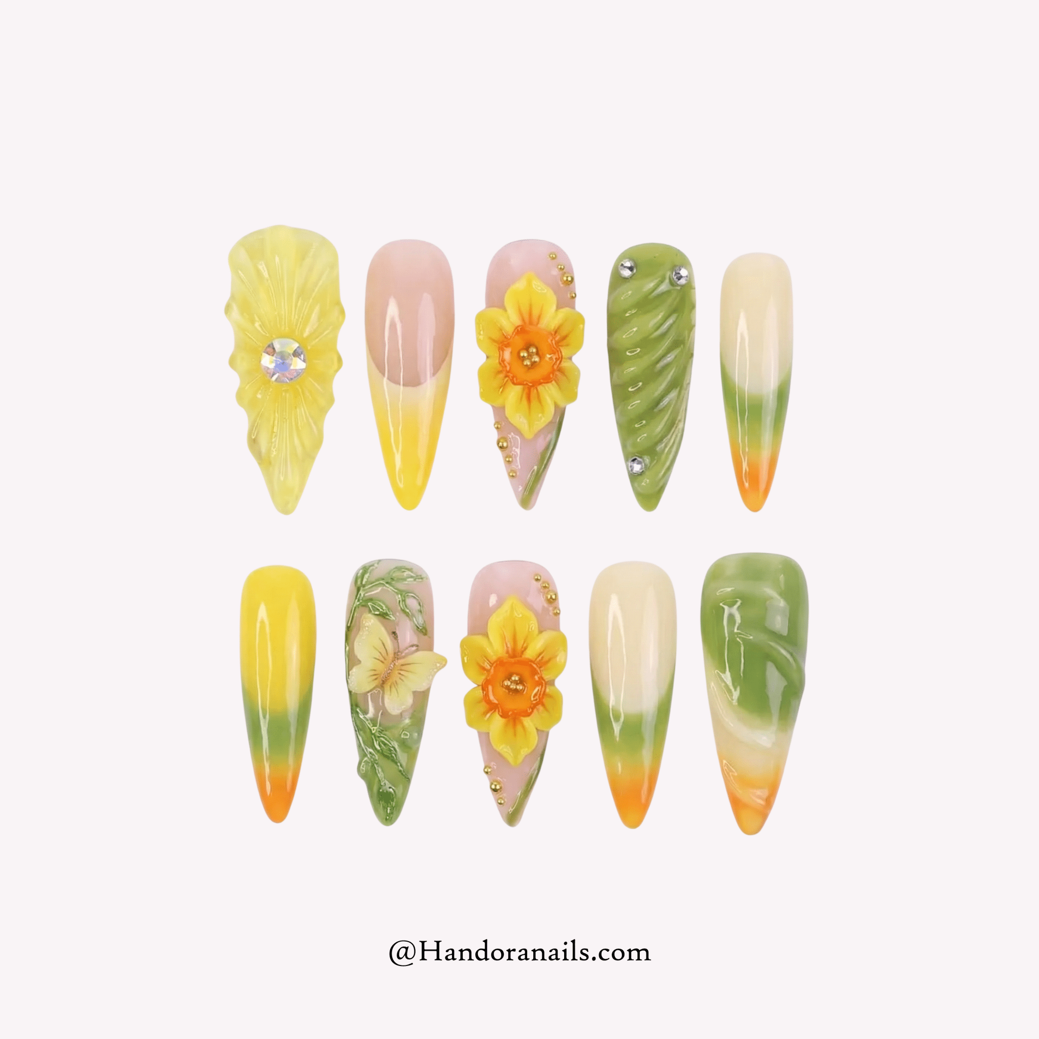 Daffodil Bloom stiletto floral press-on nails by Handora