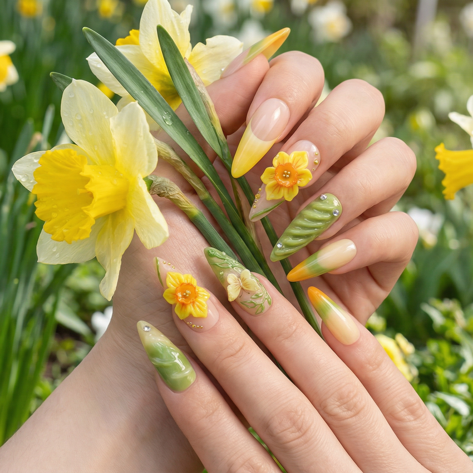 Daffodil Bloom press-on nails – hand-painted reusable gel set by Handora