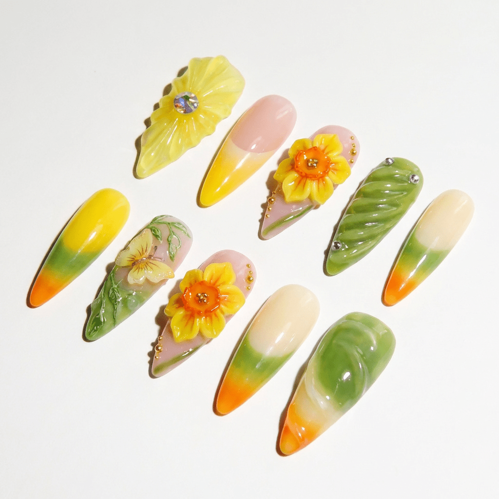 Daffodil Bloom floral nail design – handmade press-on nails by Handora