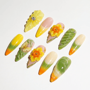 Daffodil Bloom floral nail design – handmade press-on nails by Handora