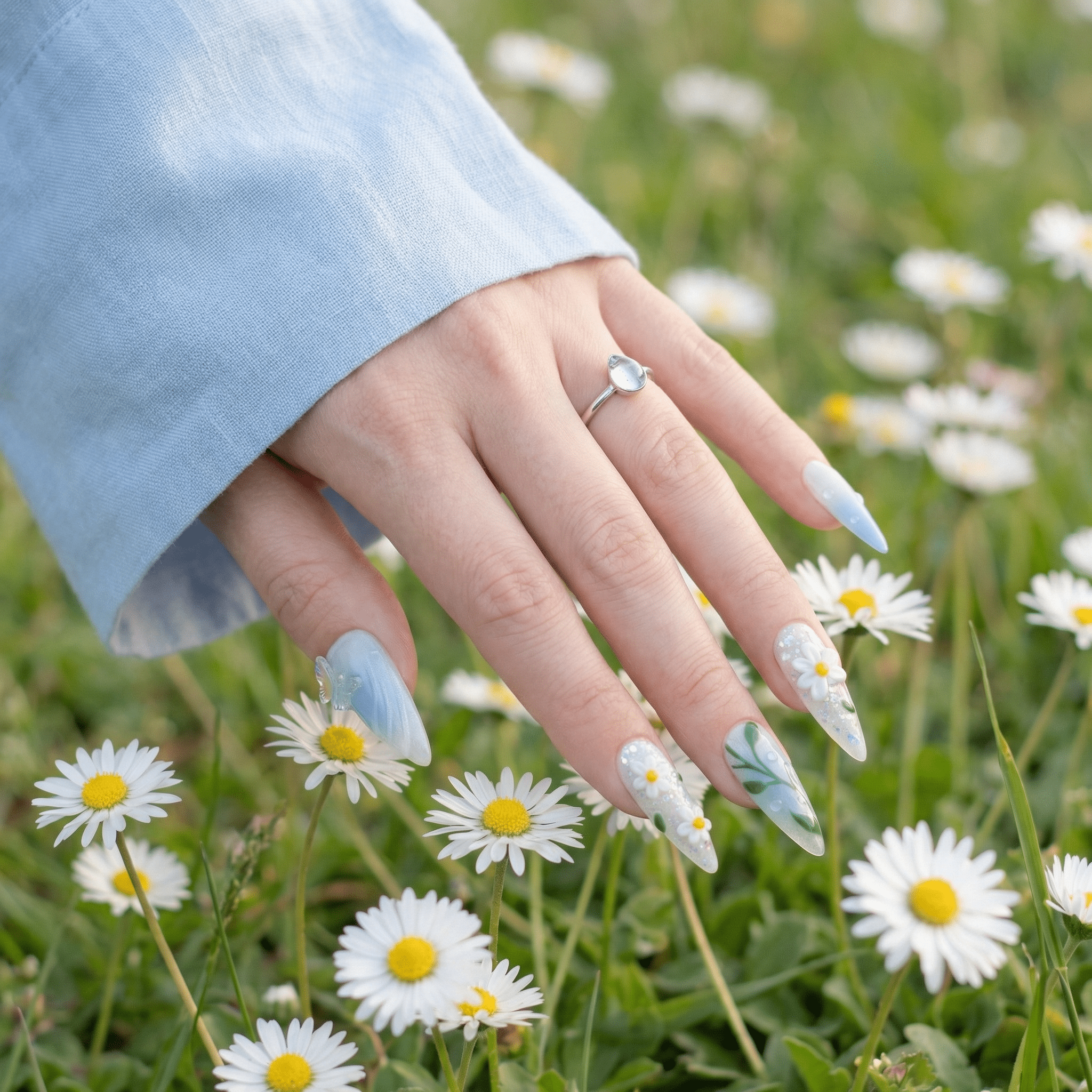 Daisy Garden press-on nails – hand-painted reusable gel set by Handora