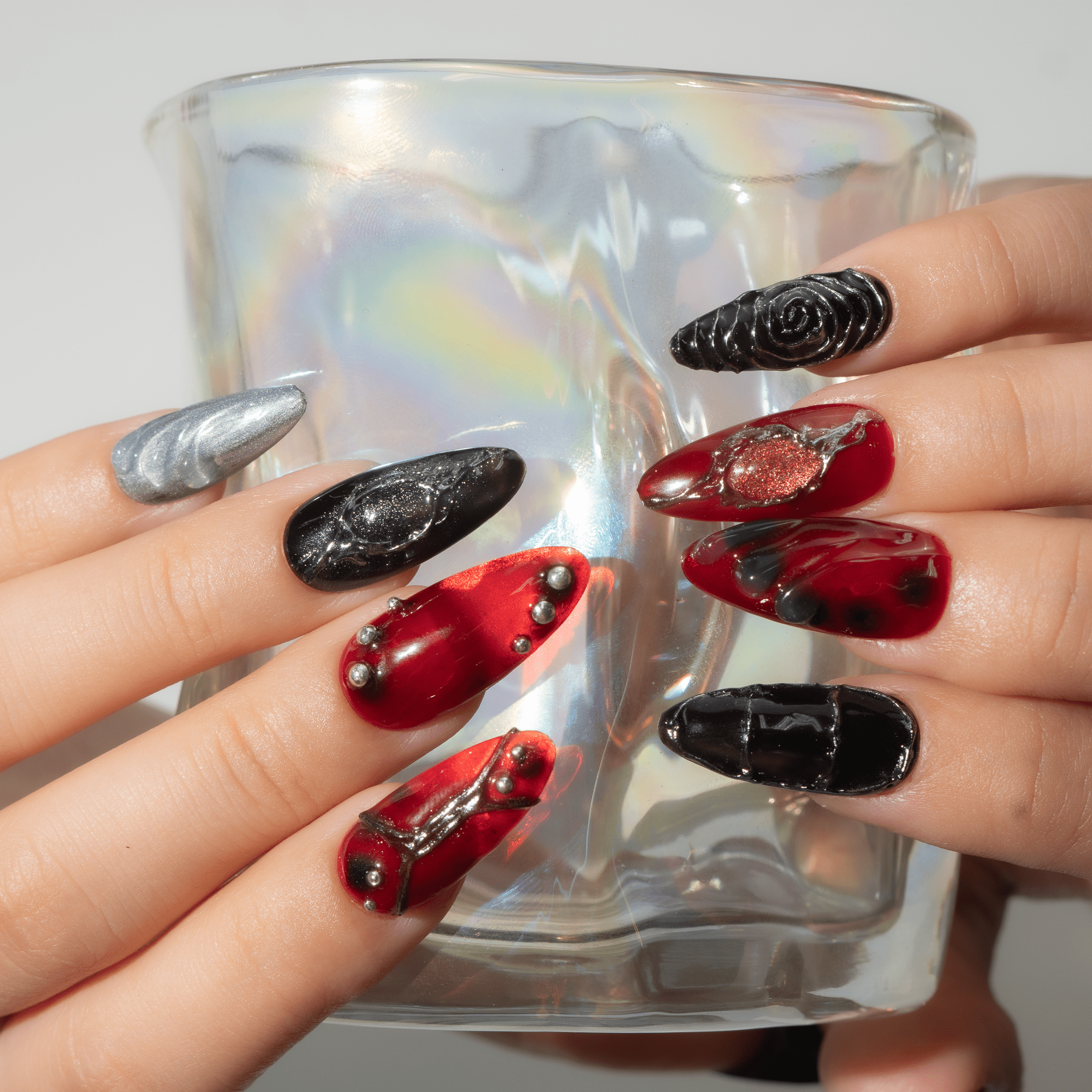 Dark Ember press-on nails – hand-painted reusable gel set by Handora