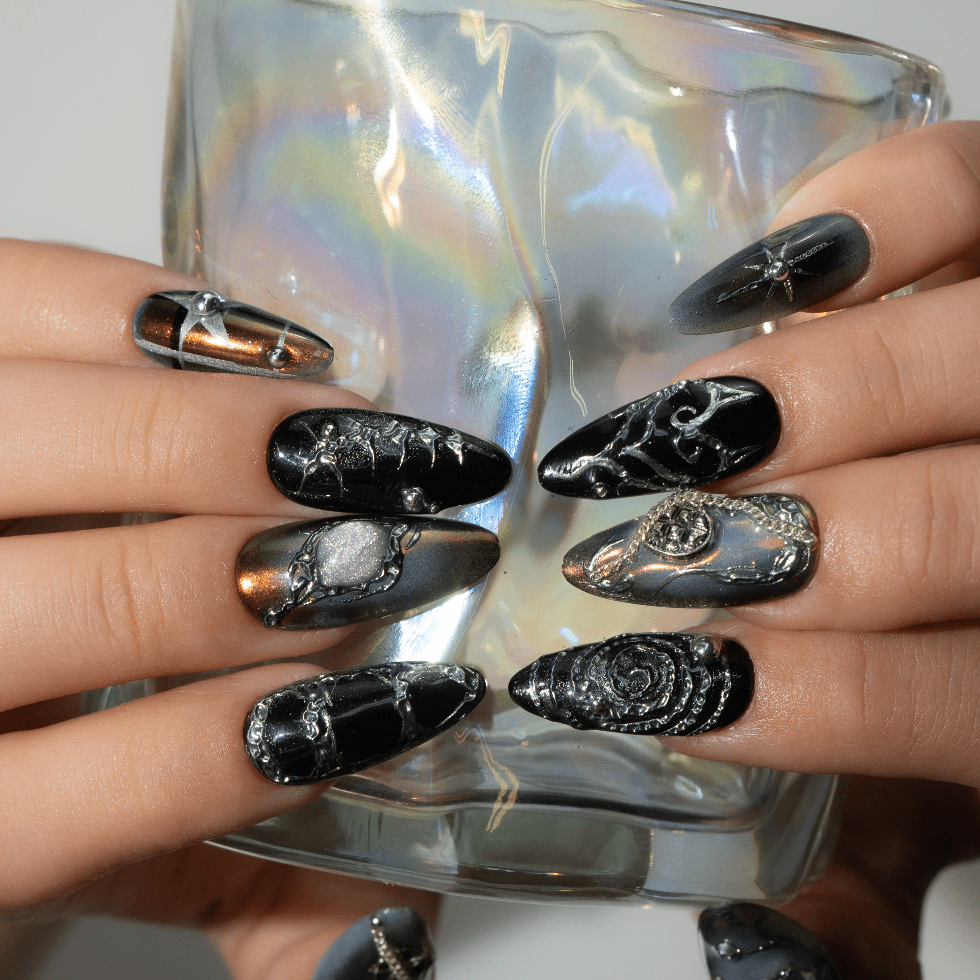 Dark Enchant press-on nails – hand-painted reusable gel set by Handora
