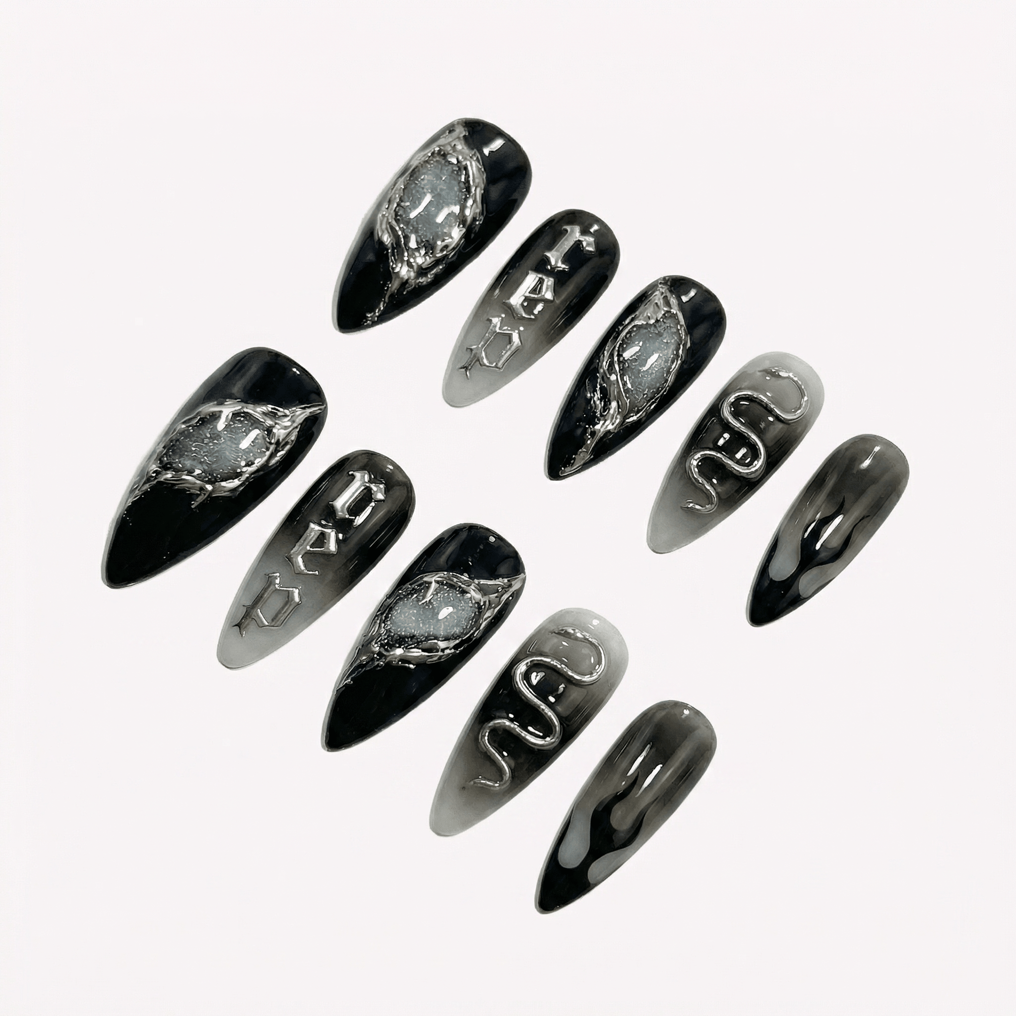 Darkest Night press-on nails worn on hand – almond shape by Handora