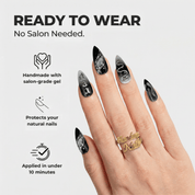 Darkest Night almond press-on nails – design close-up by Handora