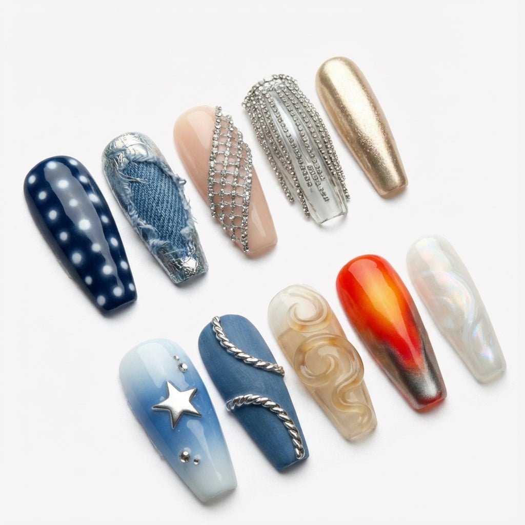 Denim Diva press-on nails – hand-painted reusable gel set by Handora