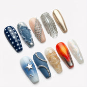 Denim Diva press-on nails – hand-painted reusable gel set by Handora